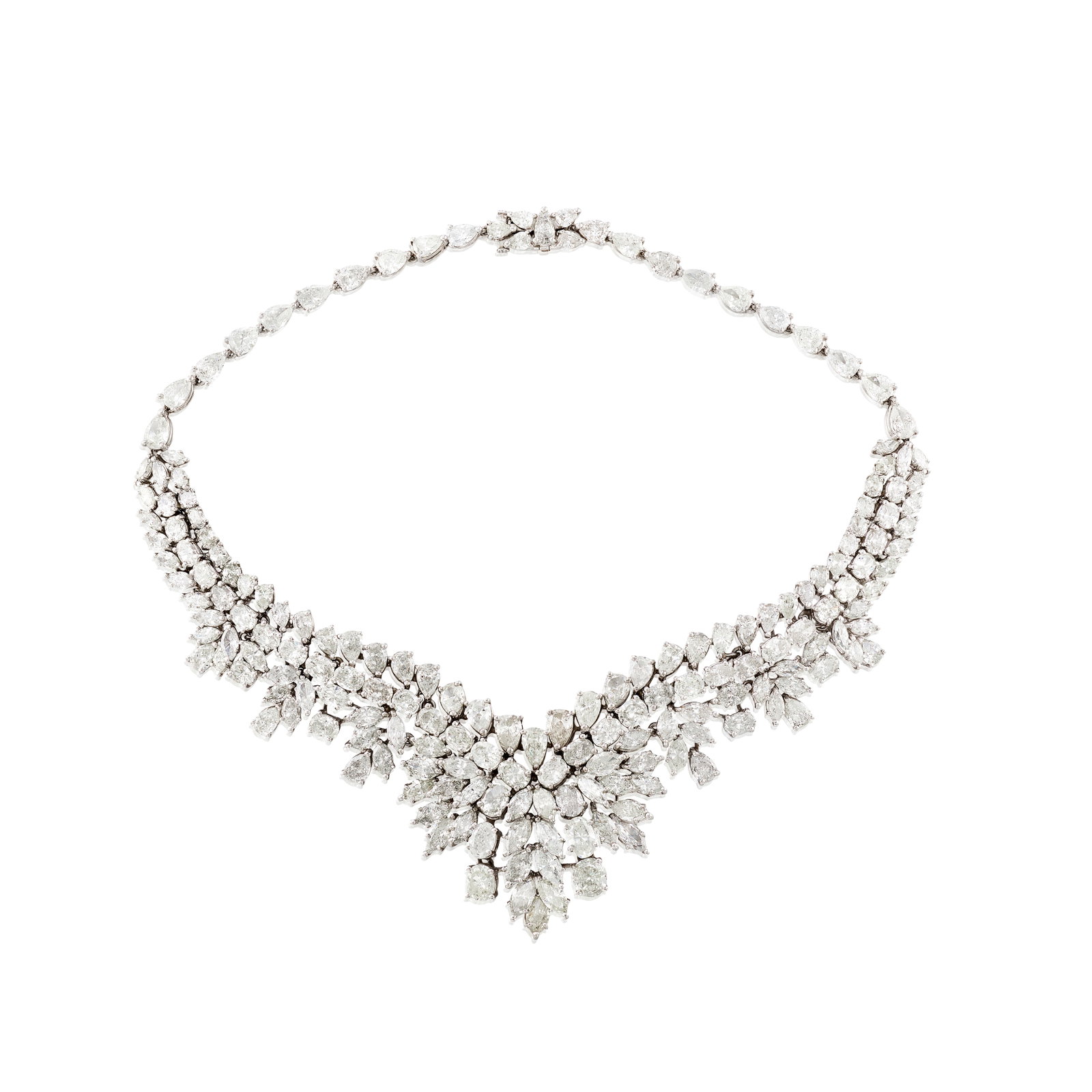 A DIAMOND NECKLACE: A DIAMOND NECKLACE Of symmetrical design, set throughout with pear, oval and marquise-shaped diamonds; estimated total diamond weight 60.00 - 70.00 carats; mounted in platinum; length 12 1/2 in