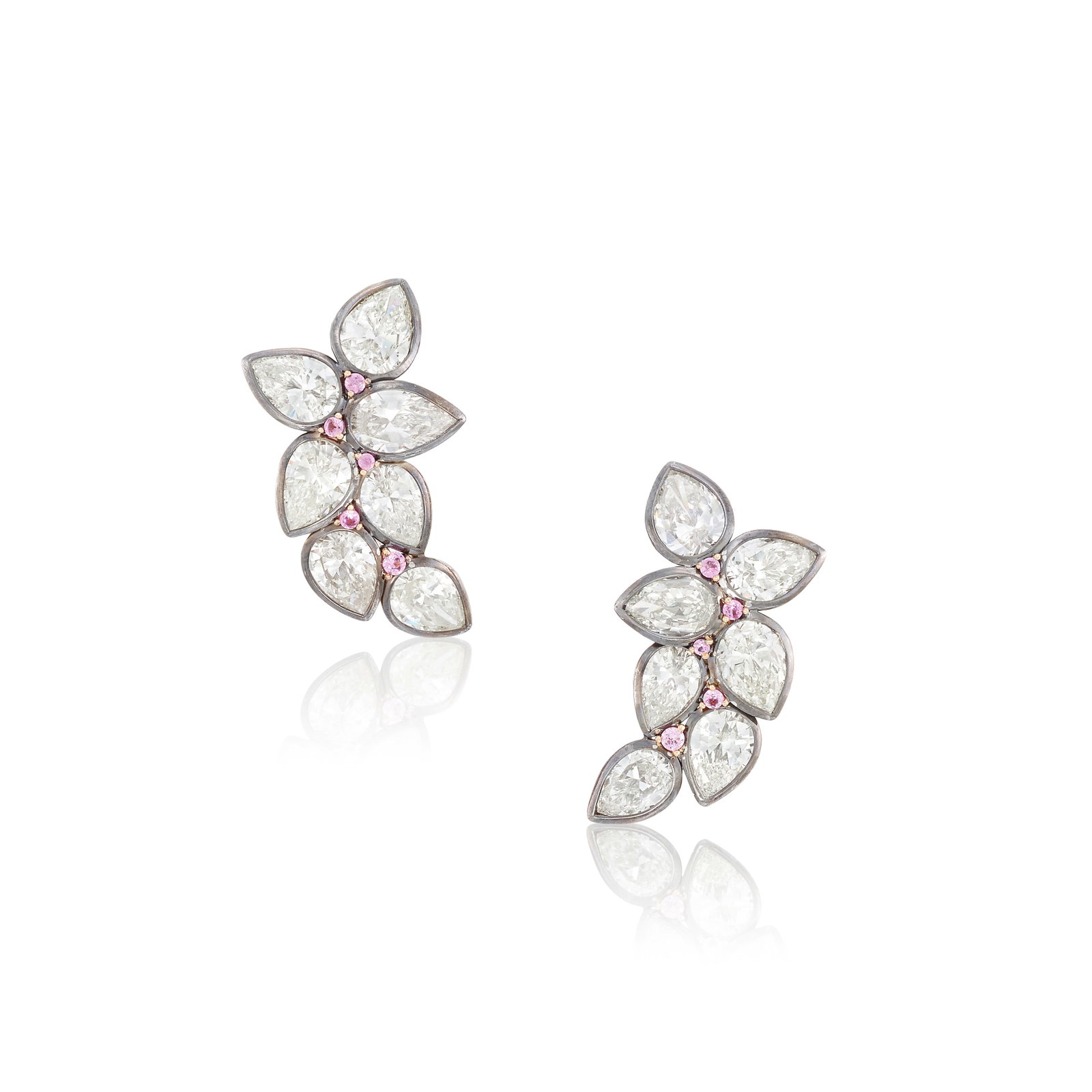 A PAIR OF COLORED DIAMOND AND DIAMOND EARRINGS: A PAIR OF COLORED DIAMOND AND DIAMOND EARRINGS Each of wheat design, set with pear-shaped diamonds and accented by round brilliant-cut diamonds of pink tint; estimated total diamond weight 10.70 carat