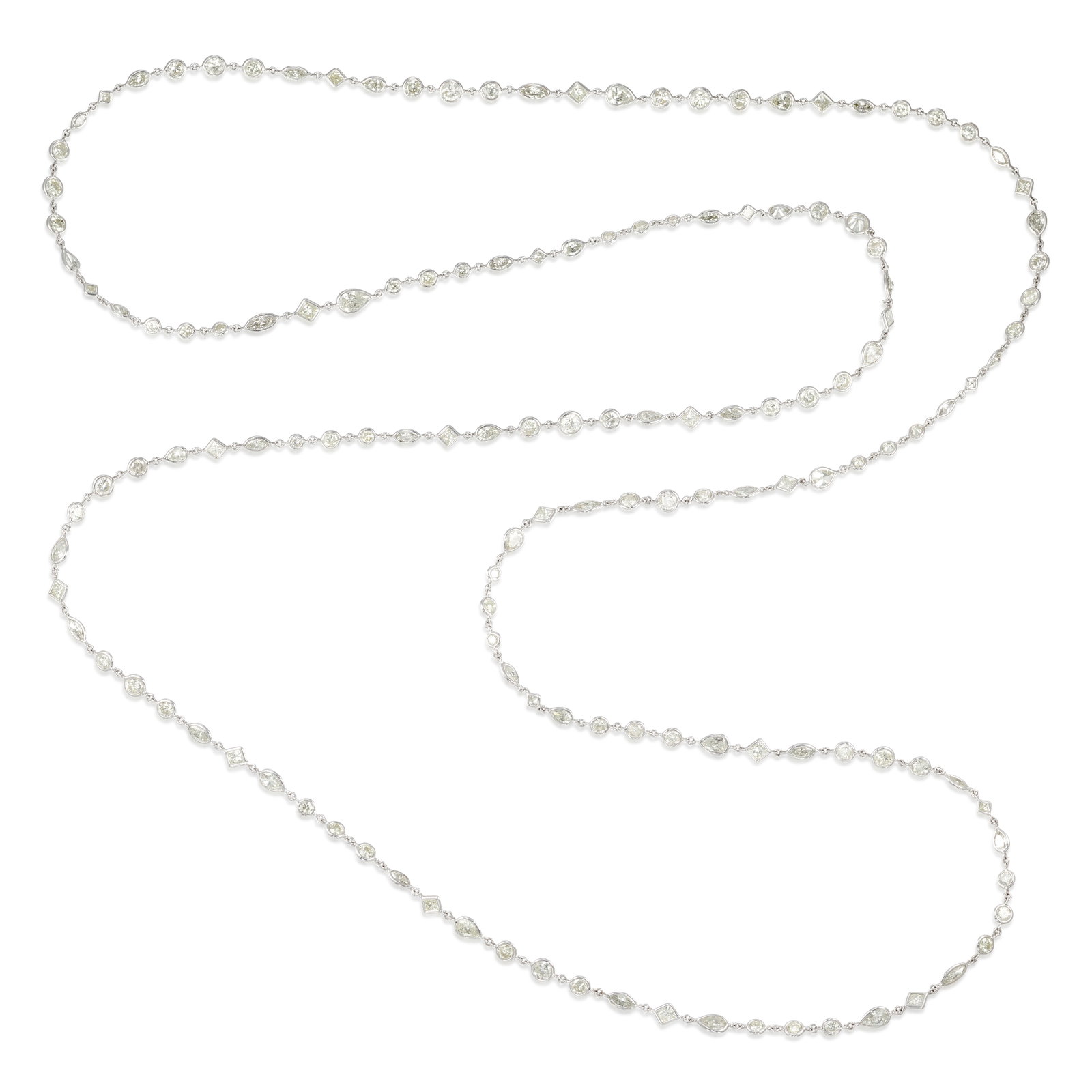 A DIAMOND NECKLACE: A DIAMOND NECKLACE A longchain with alternating stations of round brilliant, square, marquise and pear-shaped diamonds; estimated total diamond weight 44.60 carats; fabricated in 14k white gold; lengt