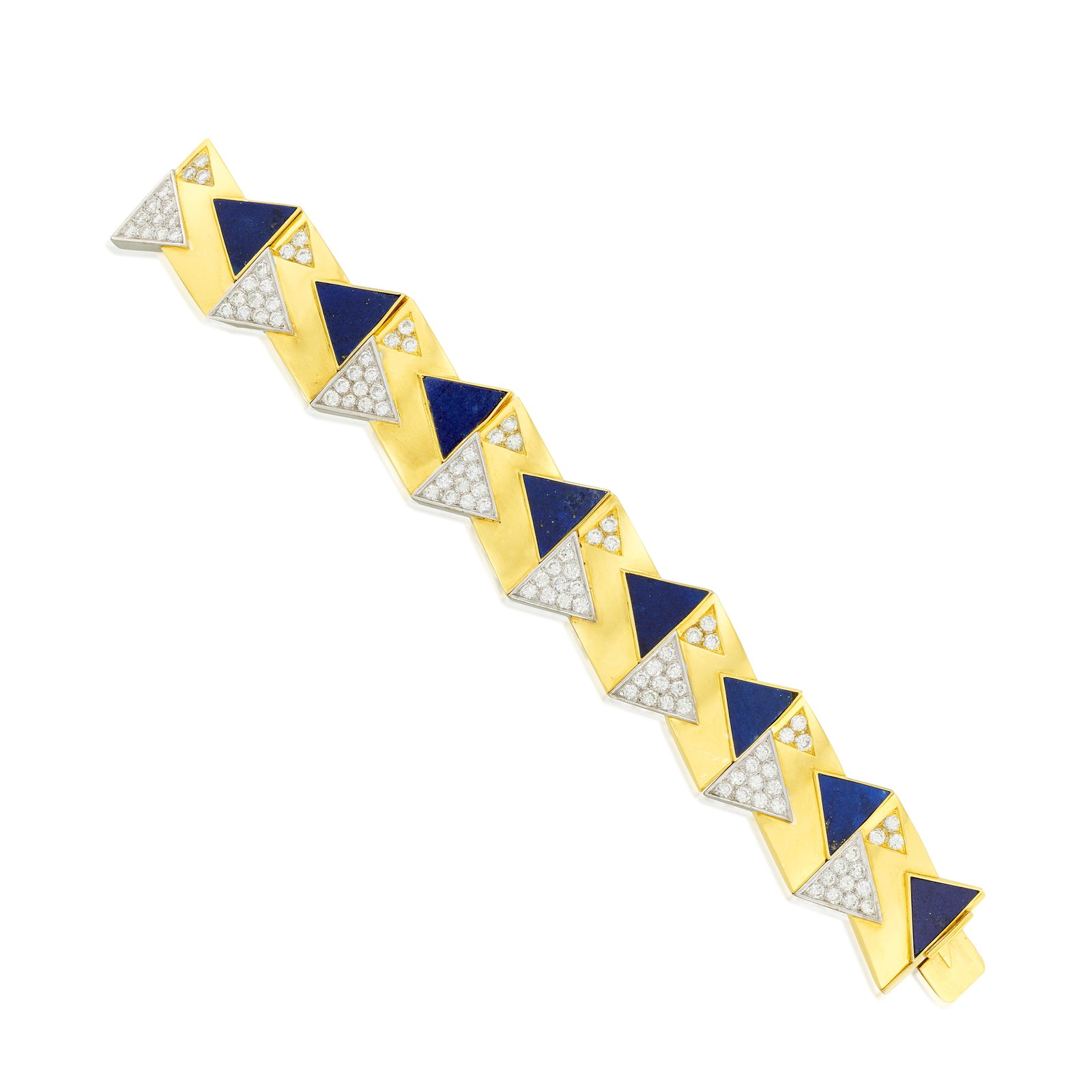 A LAPIS LAZULI AND DIAMOND BRACELET, CIRCA 1970: A LAPIS LAZULI AND DIAMOND BRACELET, CIRCA 1970 Composed of repeating geometric links, accented by triangular motifs of inlaid lapis lazuli and pavé-set round brilliant-cut diamonds; estimated