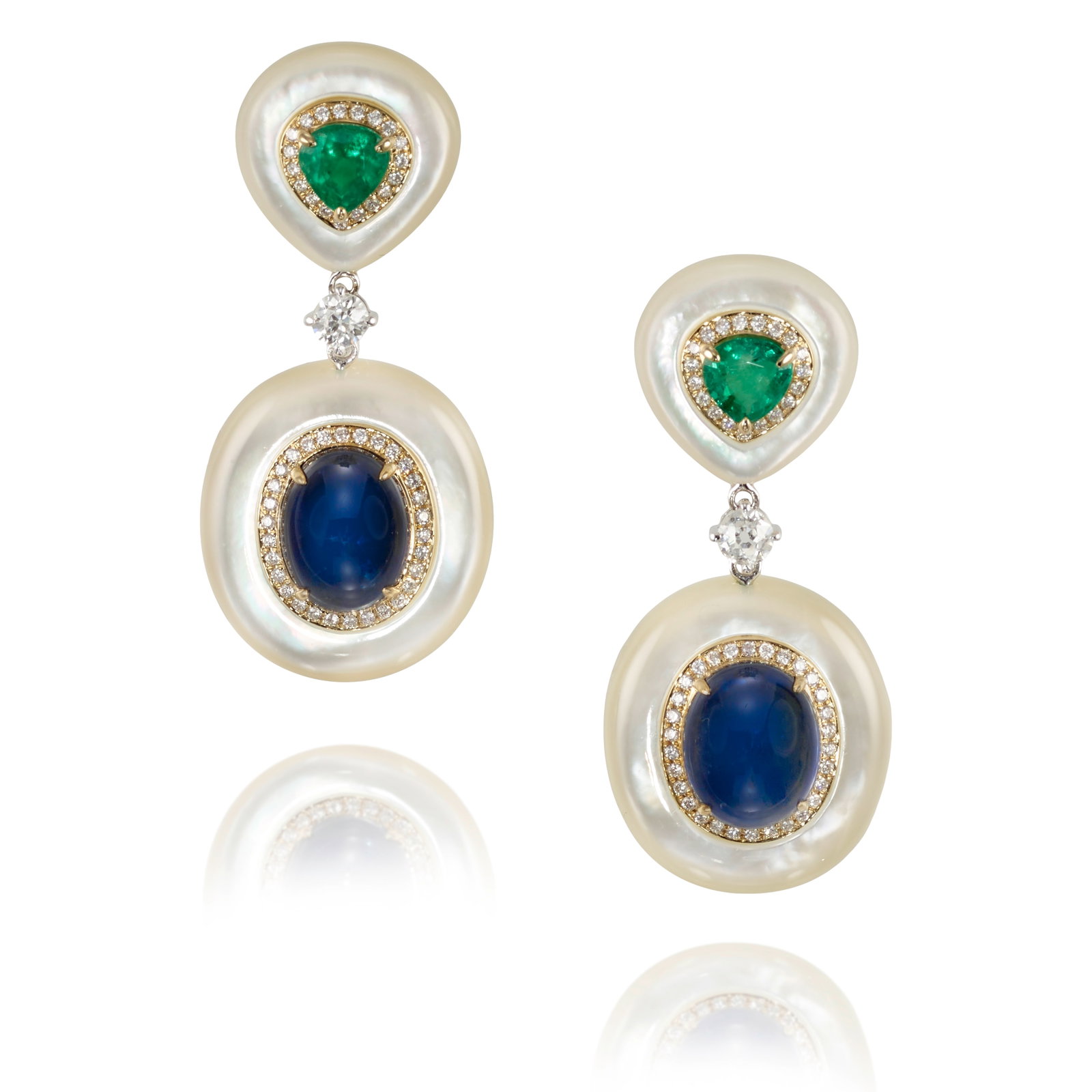 A PAIR OF 14K GOLD, MOTHER-OF-PEARL, DIAMOND AND GEM-SET EARRINGS: A PAIR OF 14K GOLD, MOTHER-OF-PEARL, DIAMOND AND GEM-SET EARRINGS Each comprising pear-shaped emeralds, oval-shaped cabochon sapphires and round brilliant and old mine-cut diamonds, all mounted in car