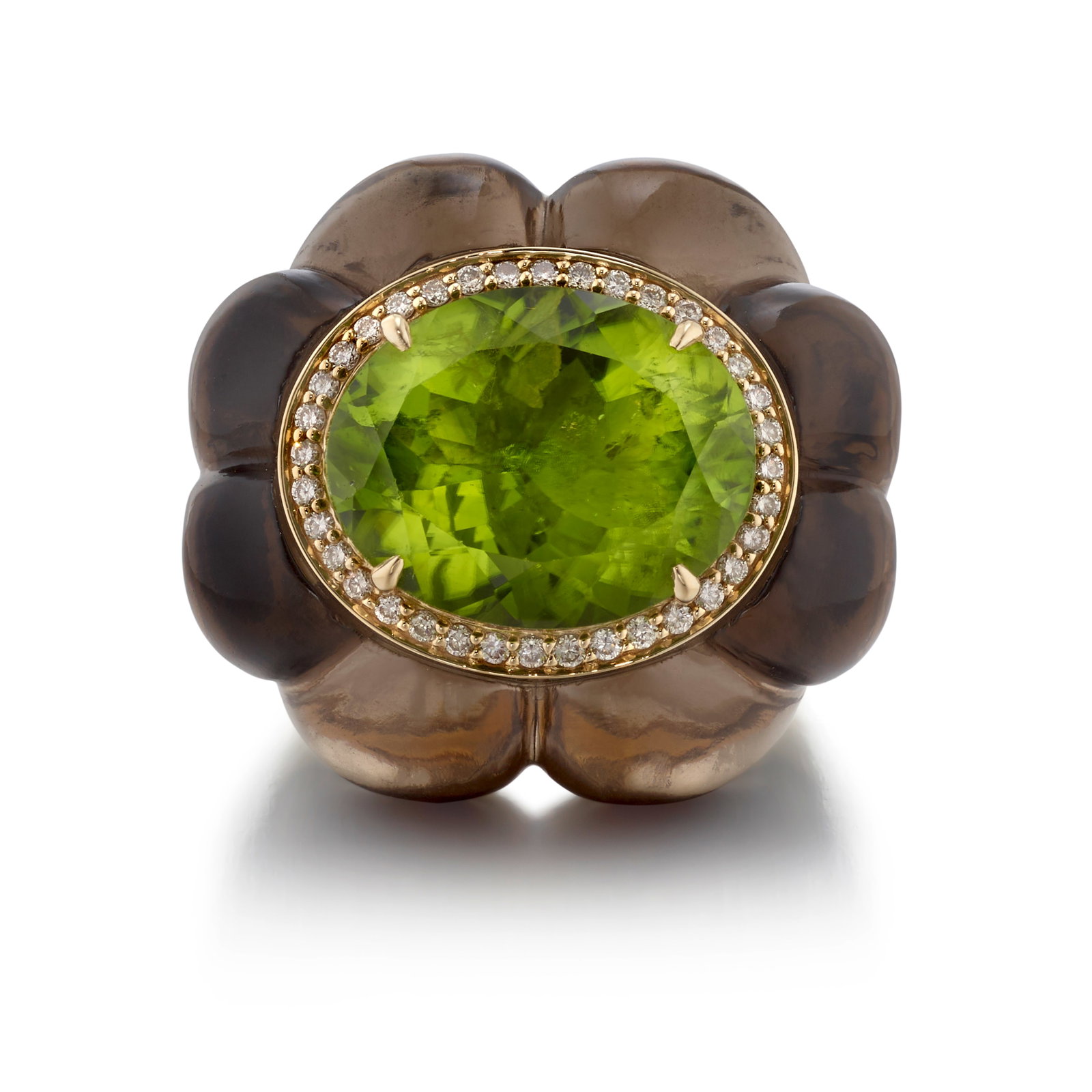 FEI LIU: A 14K GOLD, PERIDOT AND GEM-SET RING: FEI LIU: A 14K GOLD, PERIDOT AND GEM-SET RING Centering an oval-shaped peridot in a surround of round brilliant-cut diamonds, mounted in carved smoky quartz; with maker's mark; with English