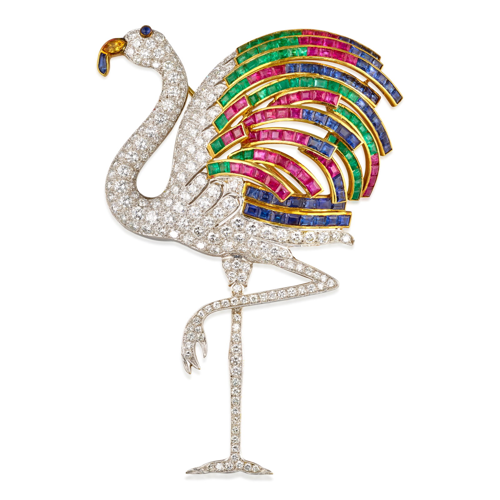 A GEM-SET AND DIAMOND BROOCH: A GEM-SET AND DIAMOND BROOCH Designed as a flamingo, the body pavé-set with round brilliant-cut diamonds, with plumage of square, step-cut emeralds, rubies and sapphires; estimated total diamond