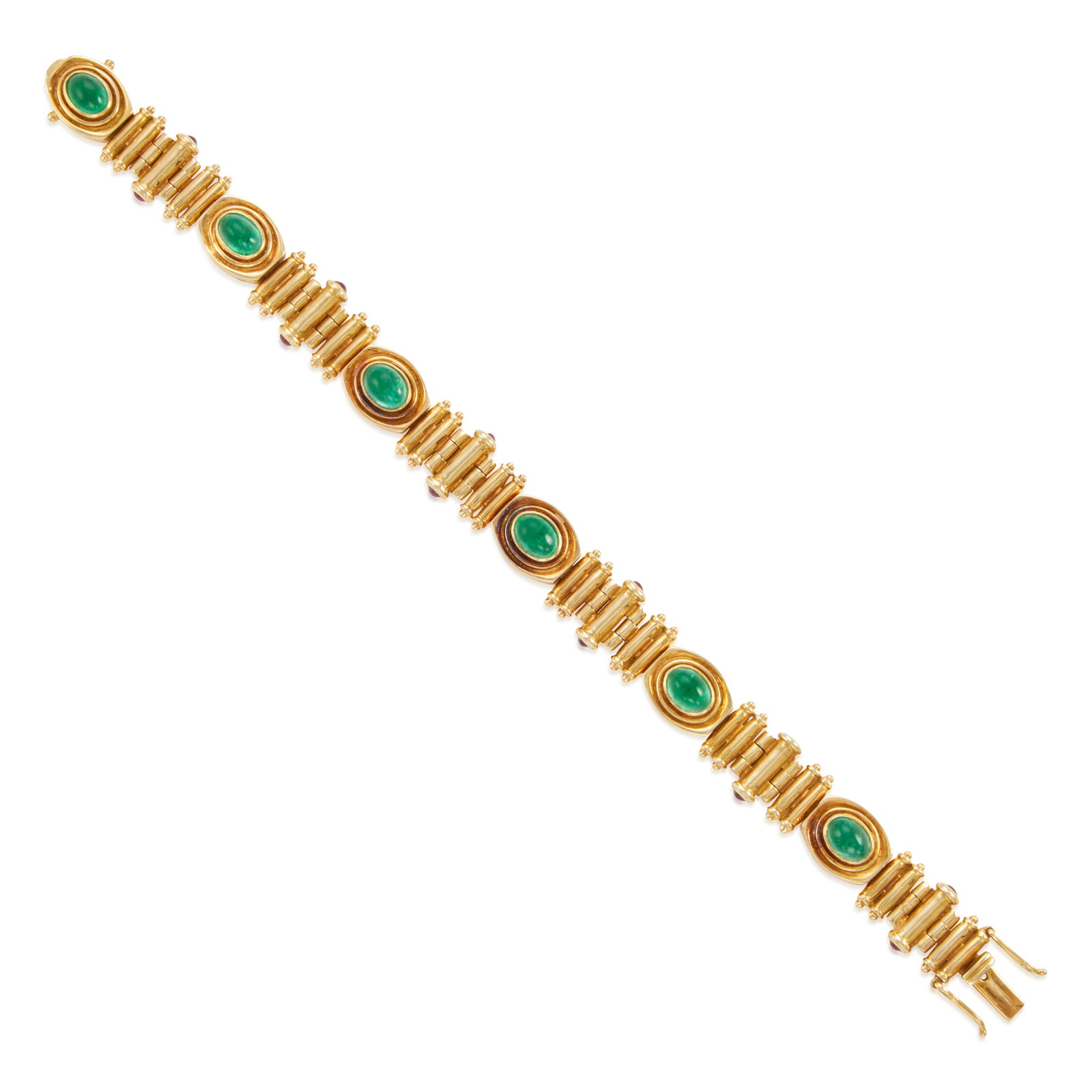 AN 18K GOLD, EMERALD AND RUBY BRACELET: AN 18K GOLD, EMERALD AND RUBY BRACELET Alternating oval-shaped cabochon emeralds and linked sections of gold tubes, the centers accented with round cabochon rubies; estimated total emerald weight 5.90