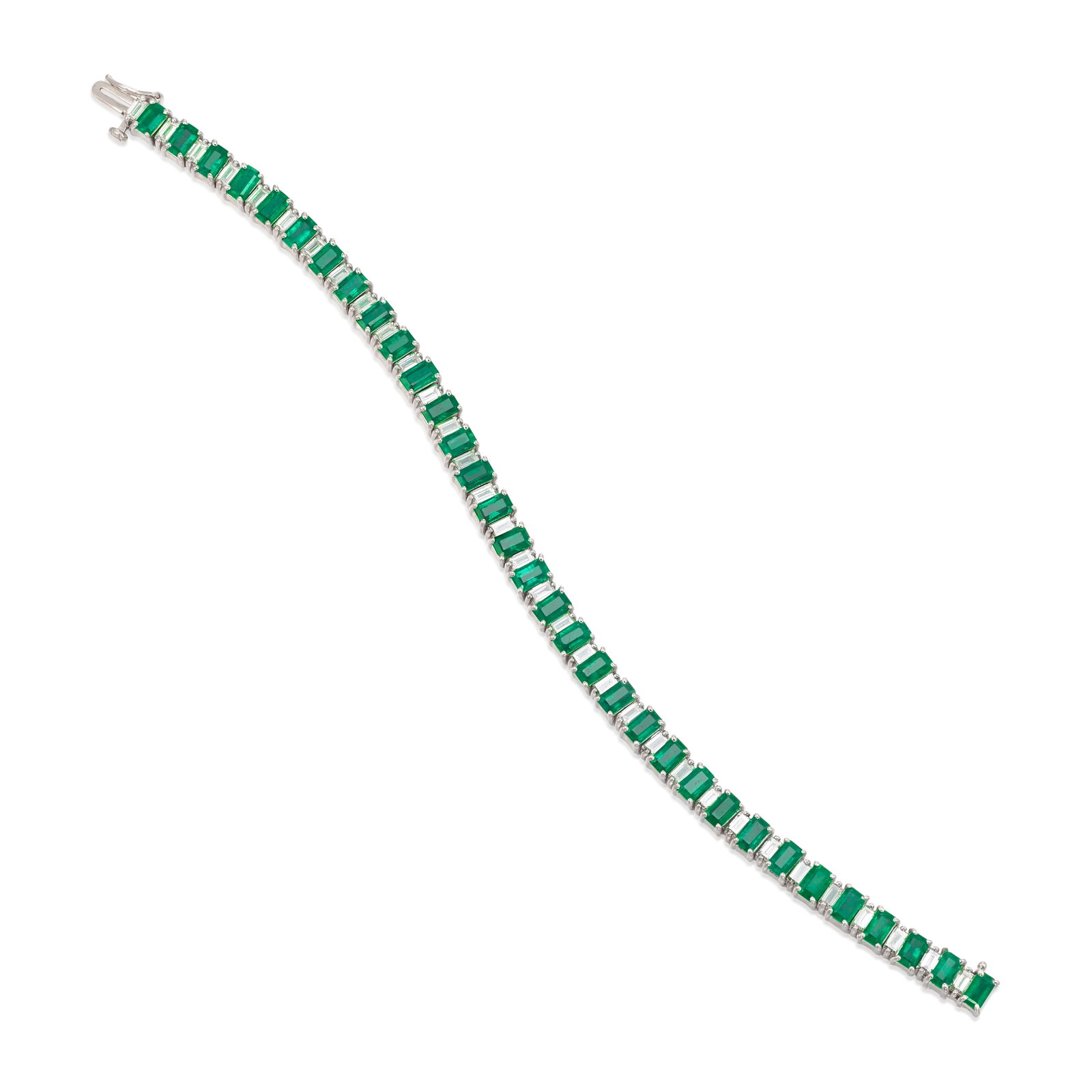 AN 18K WHITE GOLD, EMERALD AND DIAMOND BRACELET: AN 18K WHITE GOLD, EMERALD AND DIAMOND BRACELET A line bracelet, alternating octagonal step-cut emeralds and baguette-cut diamonds; estimated total emerald weight 7.00 carats; estimated total diamond