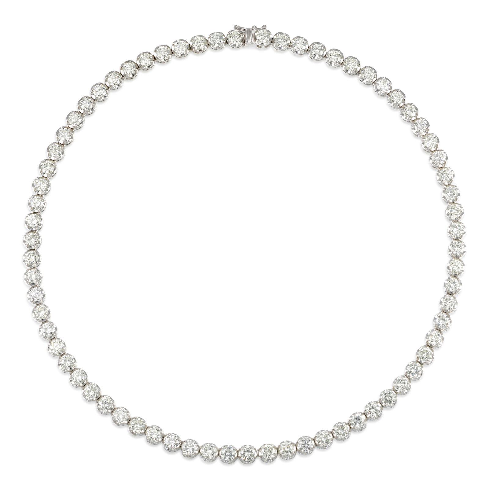 A 14K WHITE GOLD AND DIAMOND NECKLACE: A 14K WHITE GOLD AND DIAMOND NECKLACE A line necklace, comprising round brilliant-cut diamonds; estimated total diamond weight 24.70 carats; length 17 in. Footnotes: OVERALL CONDITION: Metal stamped a