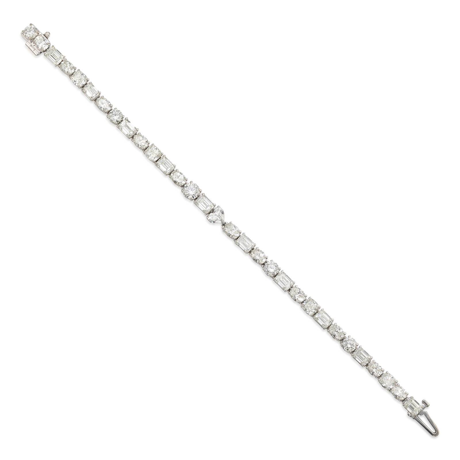 AN 18K WHITE GOLD AND DIAMOND BRACELET: AN 18K WHITE GOLD AND DIAMOND BRACELET A line bracelet alternating round brilliant, emerald-cut, heart, cushion and oval-shaped diamonds, weighing 12.57 carats; length 6 3/4 in. Footnotes: Accompanied