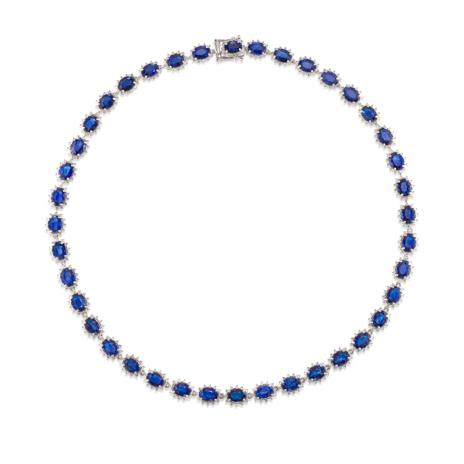 A 14K WHITE GOLD, SAPPHIRE AND DIAMOND NECKLACE: A 14K WHITE GOLD, SAPPHIRE AND DIAMOND NECKLACE Comprising oval-shaped sapphires, all in surrounds of round brilliant-cut diamonds; with maker's mark 'Orianne'; estimated total sapphire weight 36.50 c