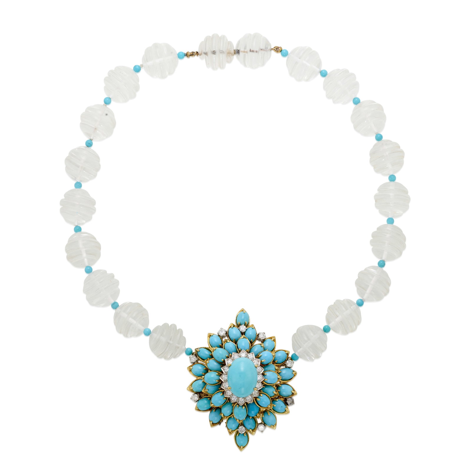 MONTCLAIR: A TURQUOISE, ROCK CRYSTAL AND DIAMOND CONVERTIBLE BROOCH/NECKLACE: MONTCLAIR: A TURQUOISE, ROCK CRYSTAL AND DIAMOND CONVERTIBLE BROOCH/NECKLACE Centering an oval-shaped cabochon turquoise, within a double surround of oval-shaped cabochon turquoises with round brillia