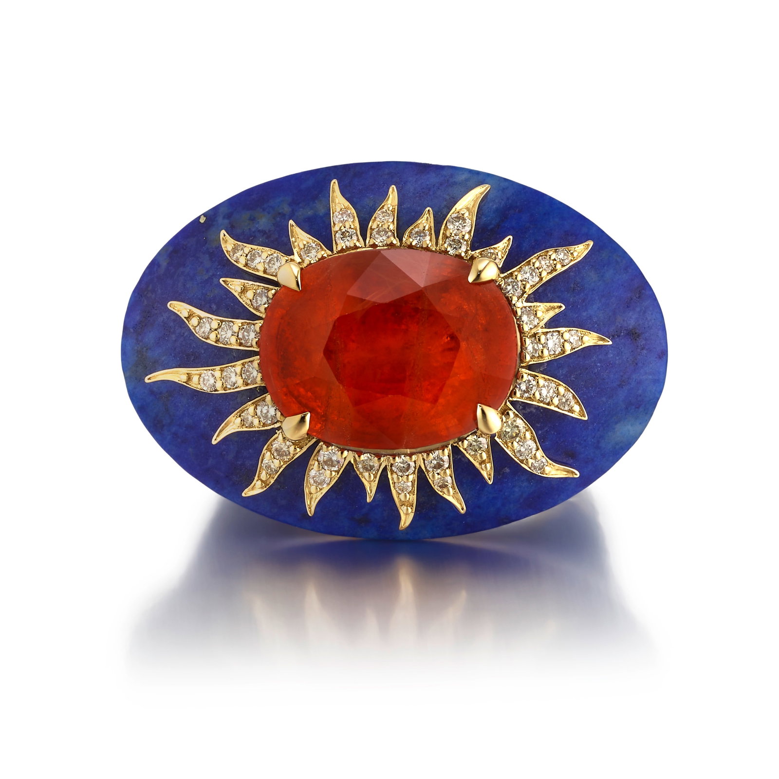 FEI LIU: A 14K GOLD, ORANGE SAPPHIRE AND GEM-SET RING: FEI LIU: A 14K GOLD, ORANGE SAPPHIRE AND GEM-SET RING Centering an oval-shaped orange sapphire, in a surrounding designed as sunrays and accented with round brilliant-cut diamonds, mounted in carved l