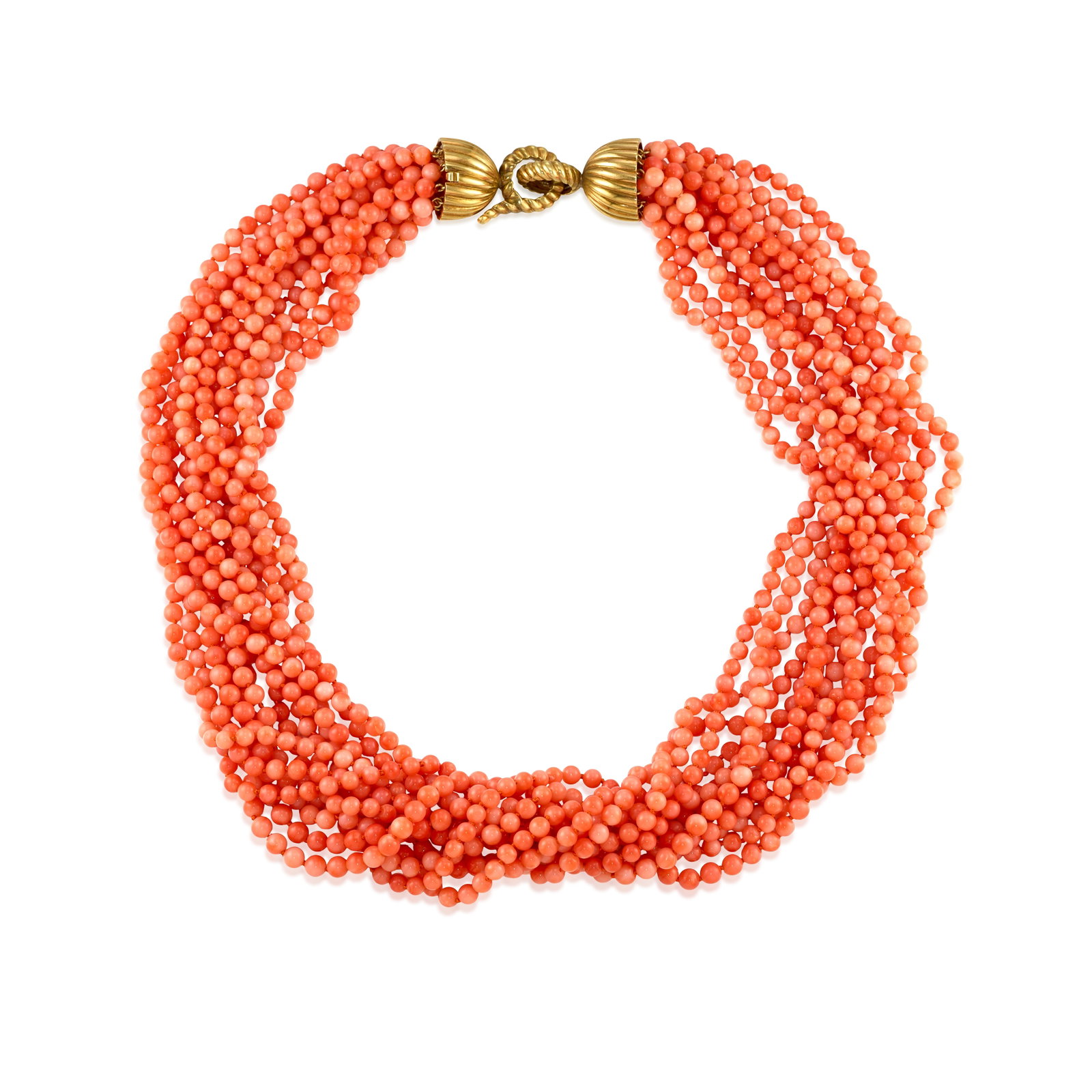 A 14K GOLD AND CORAL TORSADE NECKLACE: A 14K GOLD AND CORAL TORSADE NECKLACE Comprising twelve strands of round coral beads, completed by a clasp of rope design; length 20 1/2 in.; clasp measures 2 x 3/4 in. Footnotes: Please note this ite