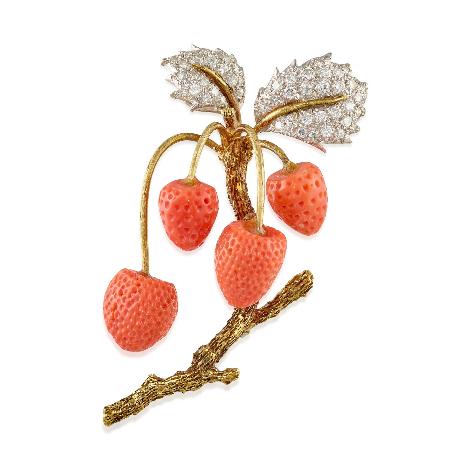 A 14K BICOLOR GOLD, CORAL AND DIAMOND BROOCH: A 14K BICOLOR GOLD, CORAL AND DIAMOND BROOCH Designed as a sprig of berries, with carved coral drops and leaves of pavé-set round brilliant-cut and single-cut diamonds; with partial maker's mark;