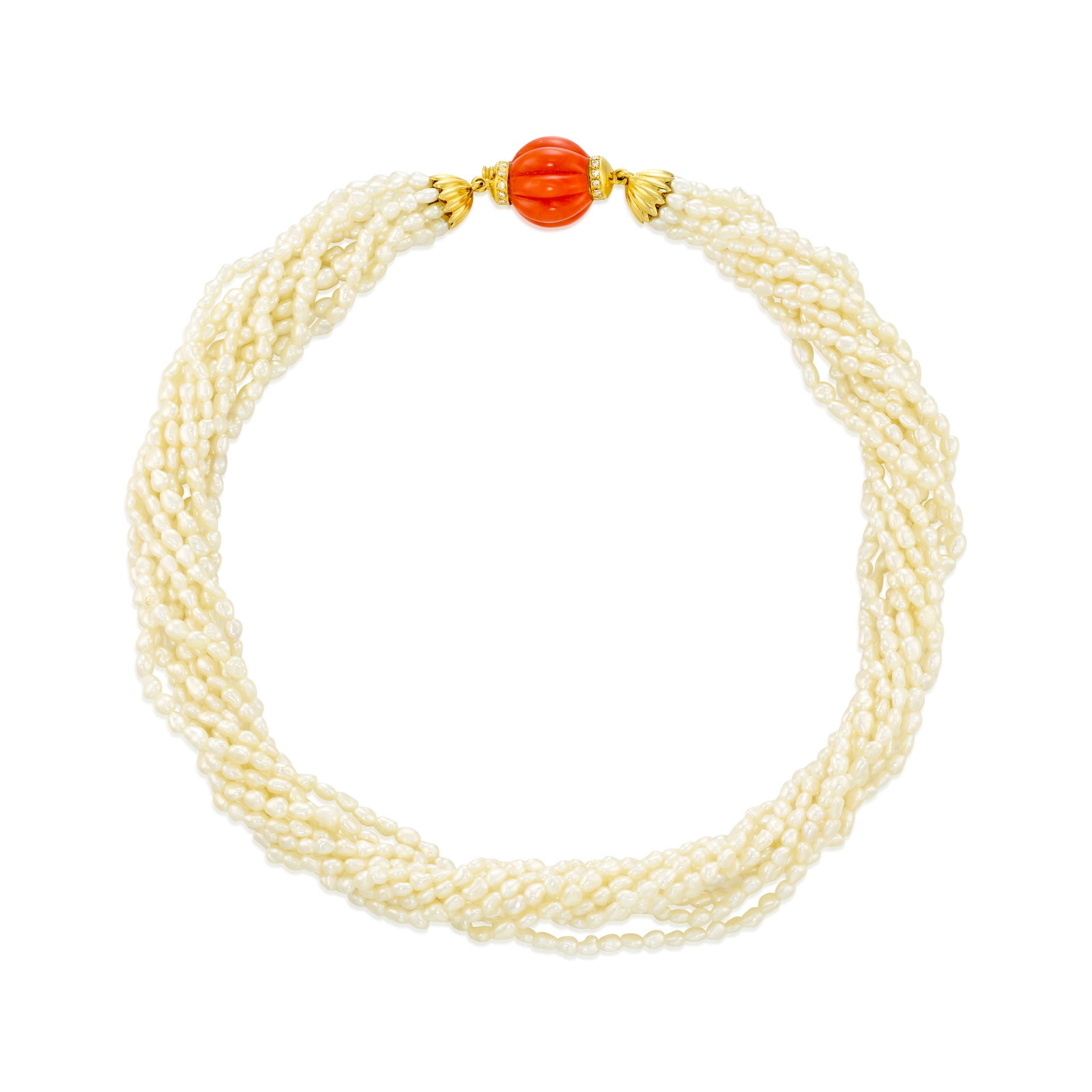 MIKIMOTO: AN 18K GOLD, SEED PEARL, CORAL AND DIAMOND NECKLACE: MIKIMOTO: AN 18K GOLD, SEED PEARL, CORAL AND DIAMOND NECKLACE A torsade comprising ten strands of cultured pearls, gathered by a clasp of carved coral, accented with single-cut diamonds; with maker's