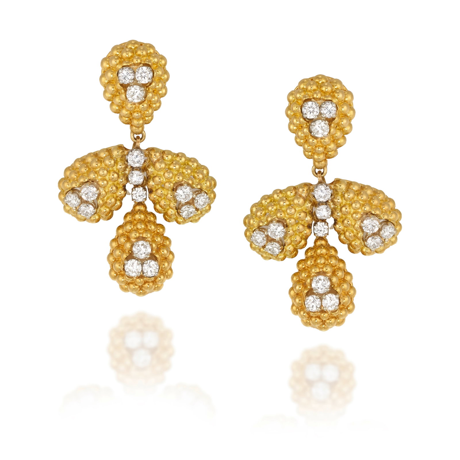 A PAIR OF 14K GOLD AND DIAMOND INTERCHANGEABLE EARRINGS: A PAIR OF 14K GOLD AND DIAMOND INTERCHANGEABLE EARRINGS Comprising interchangeable, pear-shaped gold elements, each set with round brilliant-cut diamonds; estimated total diamond weight 3.00 carats; m