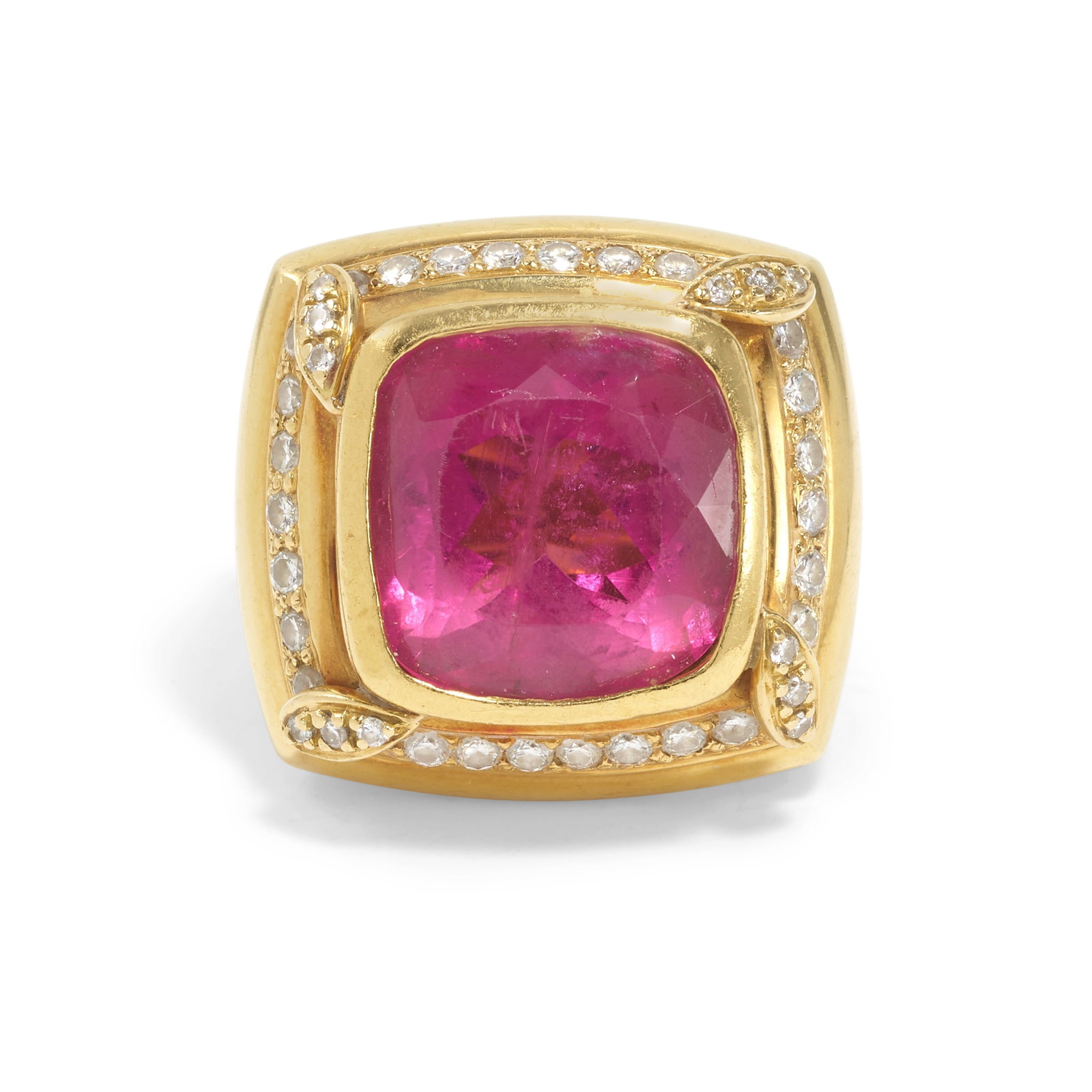 A PINK TOURMALINE AND DIAMOND RING: A PINK TOURMALINE AND DIAMOND RING Centering a square cushion-shaped pink tourmaline, accented with round brilliant-cut diamond accents; estimated tourmaline weight 14.60 carats; estimated total