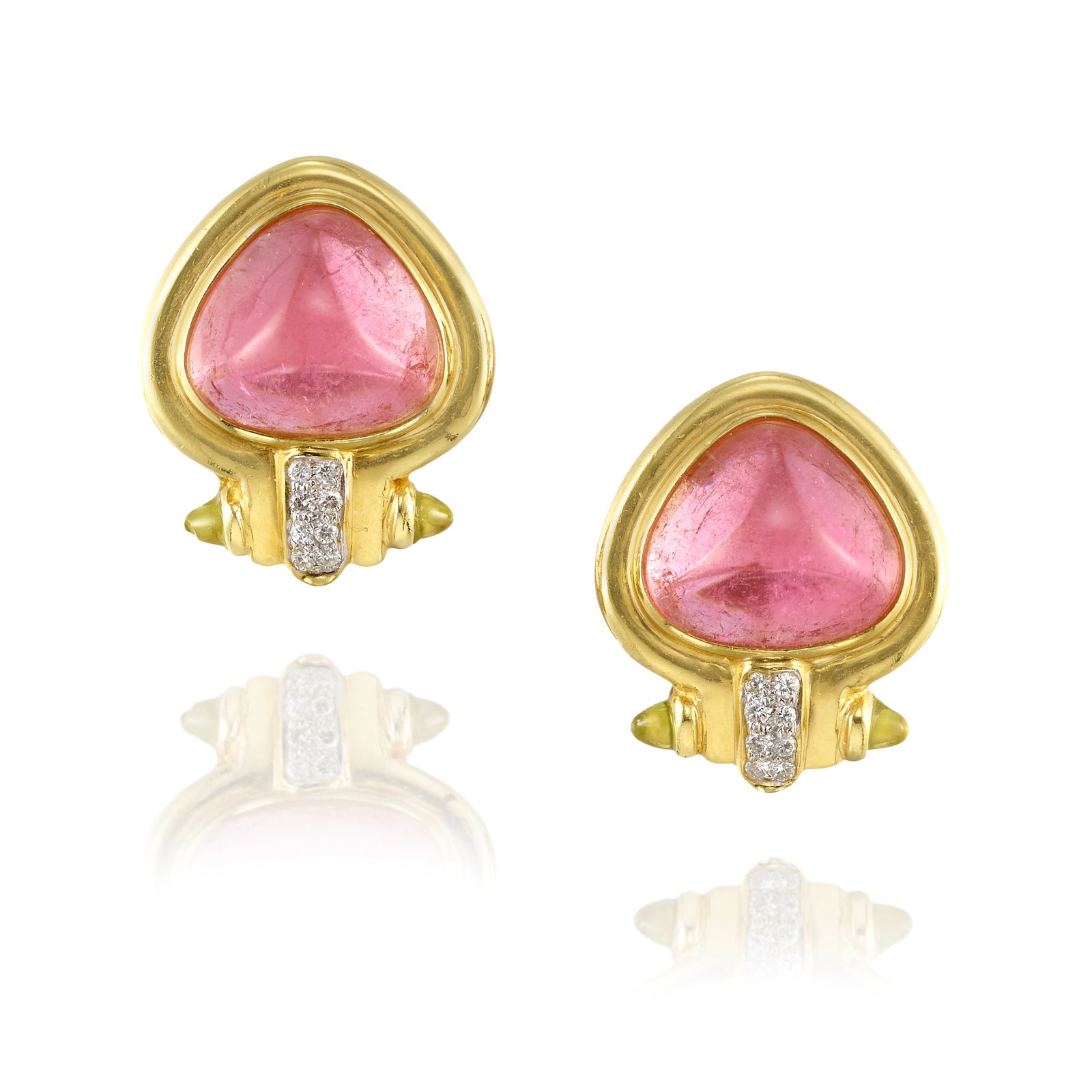 A PAIR OF TOURMALINE, PERIDOT AND DIAMOND EARRINGS: A PAIR OF TOURMALINE, PERIDOT AND DIAMOND EARRINGS Comprising triangular, sugarloaf cabochon pink tourmalines, accented with bullet-shaped cabochon peridots banded by rows of round brilliant-cut