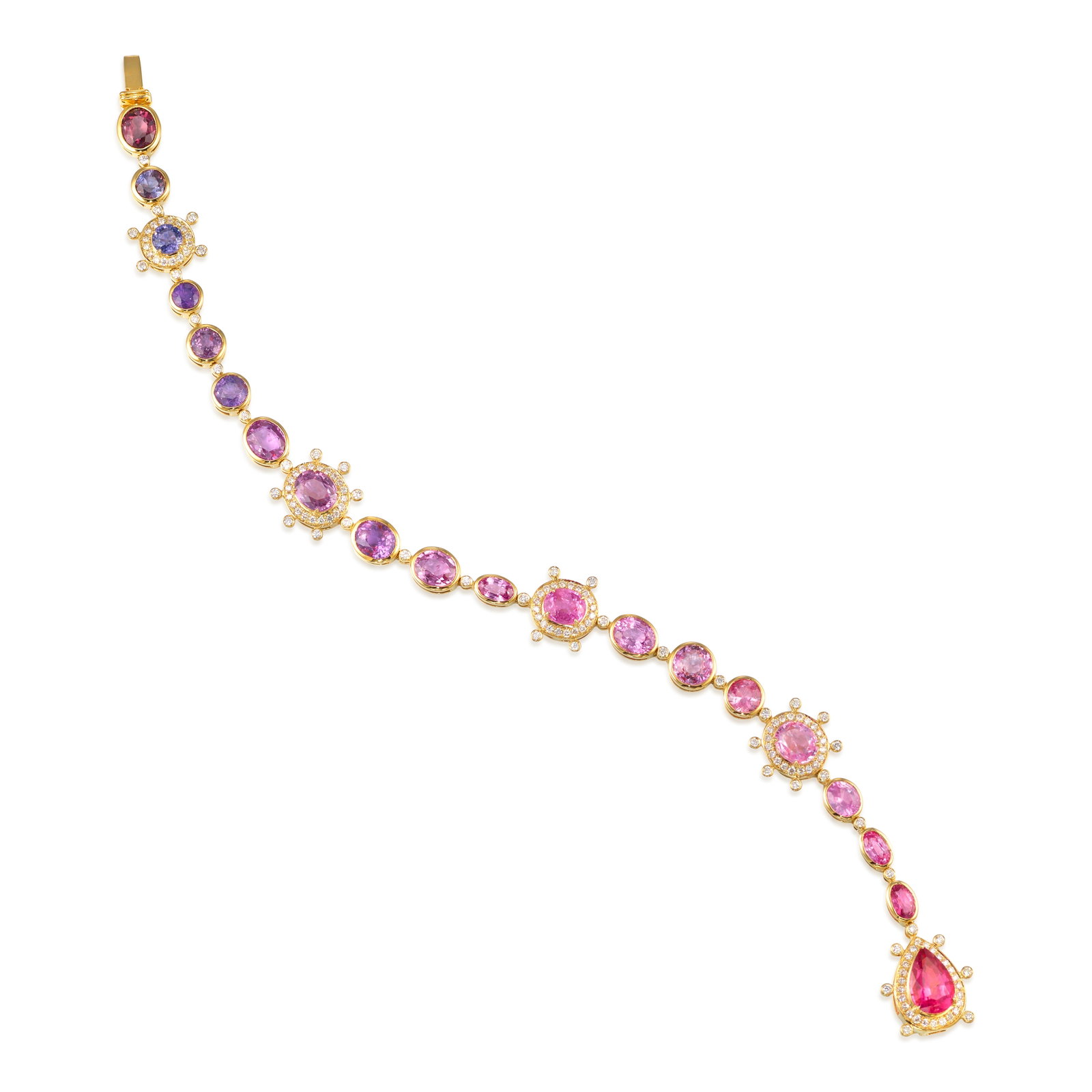 FEI LIU: A 14K GOLD, MULTI-COLOR SAPPHIRE AND DIAMOND BRACELET: FEI LIU: A 14K GOLD, MULTI-COLOR SAPPHIRE AND DIAMOND BRACELET Comprising round, oval and pear-shaped sapphires of pink and purple hues, accented throughout with round brilliant-cut diamonds; with