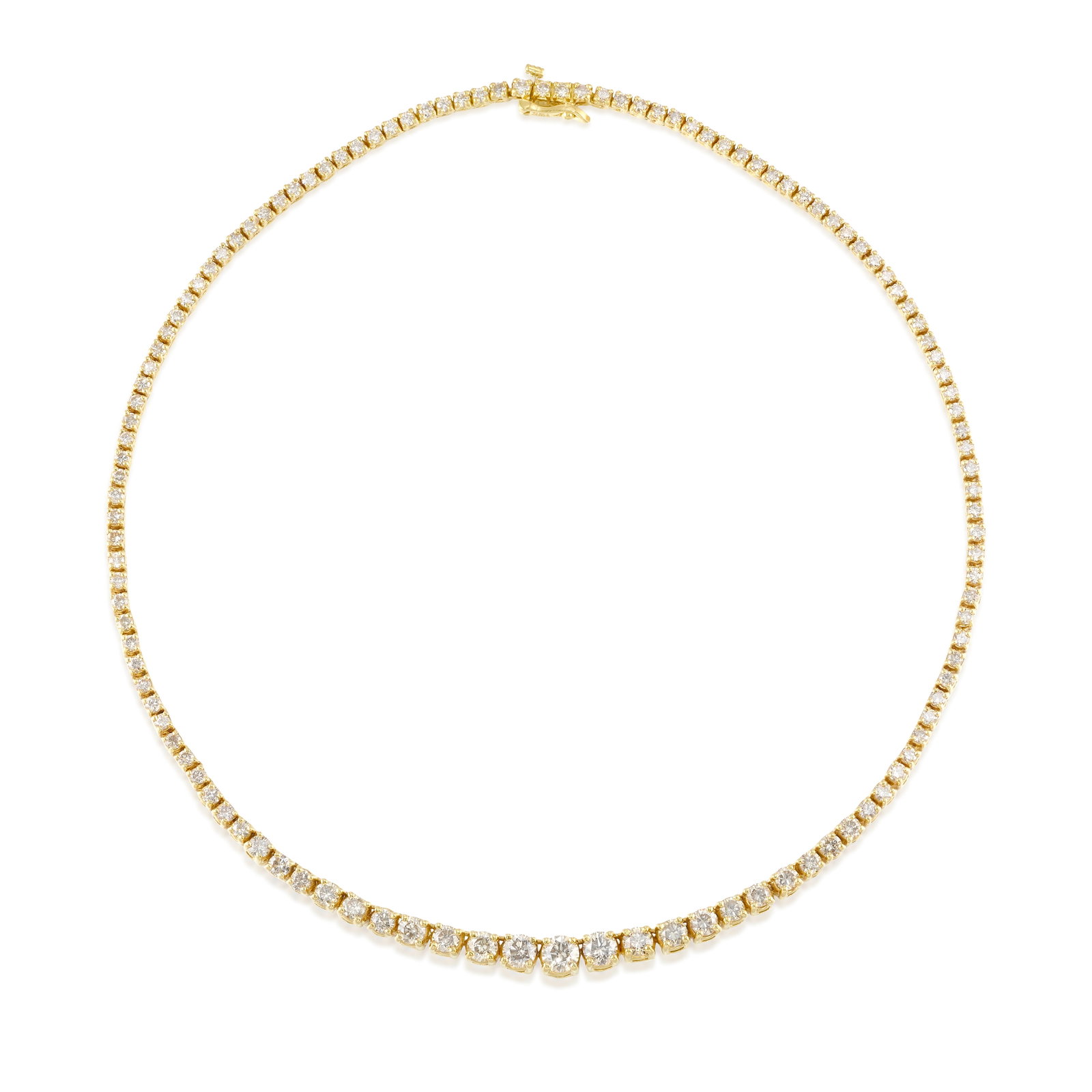 AN 18K GOLD AND COLORED DIAMOND NECKLACE: AN 18K GOLD AND COLORED DIAMOND NECKLACE A line necklace comprising graduated, round brilliant-cut diamonds of a faint brown hue; estimated total diamond weight 7.70 carats; length 15 1/4 in. Footnote
