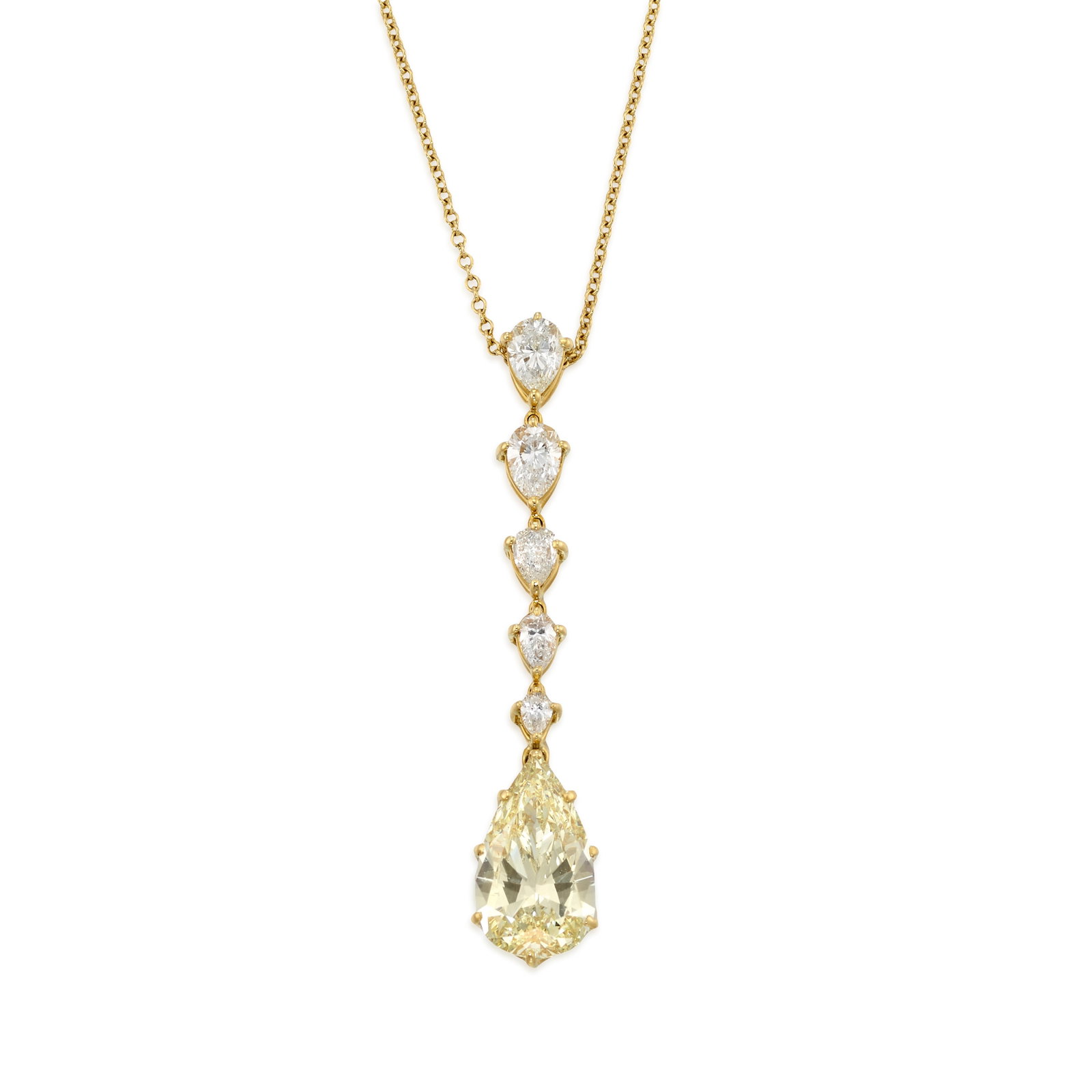 A COLORED DIAMOND AND DIAMOND PENDANT NECKLACE: A COLORED DIAMOND AND DIAMOND PENDANT NECKLACE The drop pendant comprising pear-shaped diamonds, the largest of yellow hue, together with an oval link chain; estimated drop diamond weight 3.70 carats;