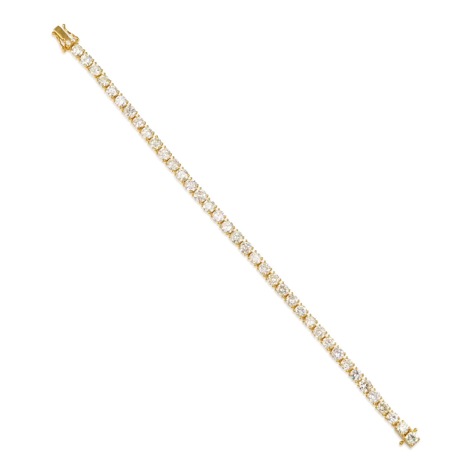 AN 18K GOLD AND DIAMOND BRACELET: AN 18K GOLD AND DIAMOND BRACELET A line bracelet comprising round brilliant-cut diamonds; estimated total diamond weight 11.50 carats; length 7 in. Footnotes: OVERALL CONDITION: Metal stamped and