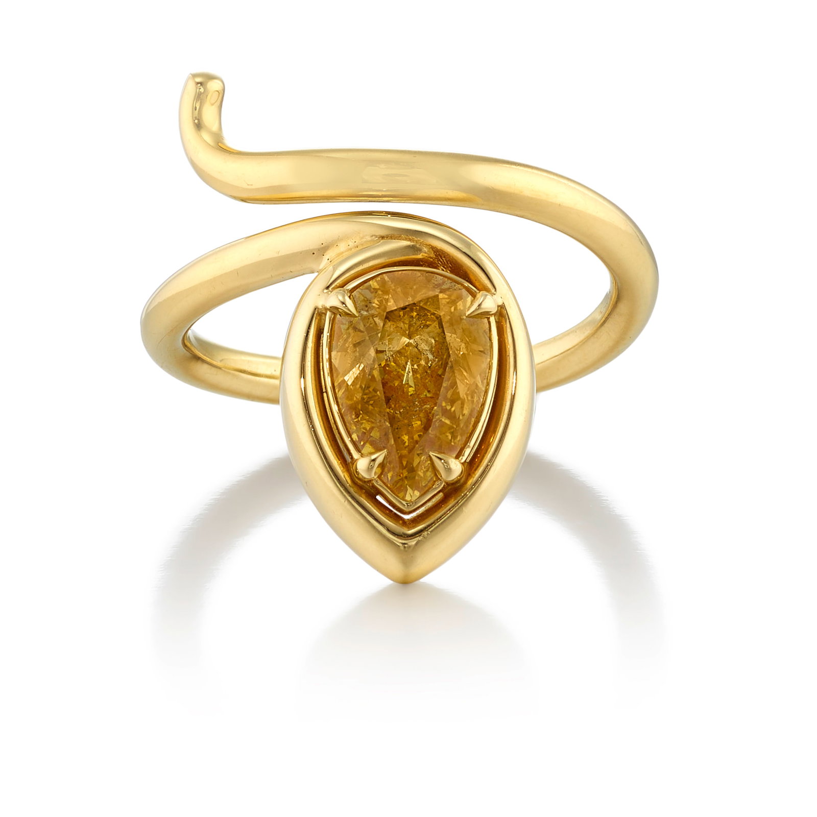 A FANCY DEEP ORANGY YELLOW DIAMOND RING: A FANCY DEEP ORANGY YELLOW DIAMOND RING Designed as a snake, set with a pear-shaped, Fancy Deep Orangy Yellow diamond, weighing 1.43 carats; mounted and fabricated in 18k gold; size 7 1/4 Footnotes: