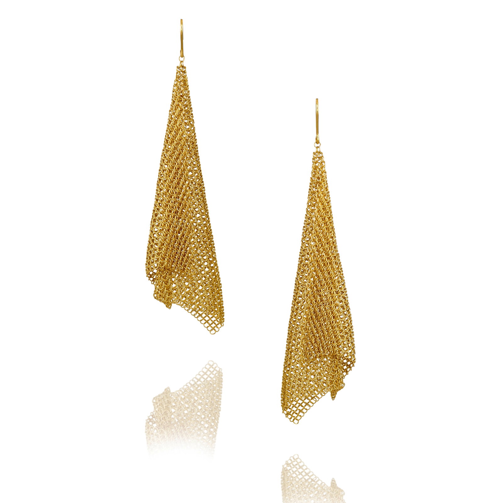 ELSA PERETTI FOR TIFFANY & CO.: A PAIR OF 18K GOLD 'MESH SCARF' EARRINGS: ELSA PERETTI FOR TIFFANY & CO.: A PAIR OF 18K GOLD 'MESH SCARF' EARRINGS Each of a malleable mesh design; signed T&Co.; length 3 in. Footnotes: OVERALL CONDITION: Metal stamped and tested with XRF
