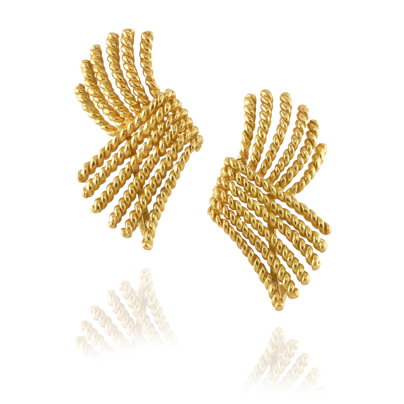 SCHLUMBERGER FOR TIFFANY & CO: A PAIR OF 18K GOLD 'V-ROPE' EARCLIPS: SCHLUMBERGER FOR TIFFANY & CO: A PAIR OF 18K GOLD 'V-ROPE' EARCLIPS Each comprising ropes of gold, configured in a V-shape; signed Schlumberger, Tiffany; measures 1 1/4 x 3/4 in. Footnotes: OVERALL