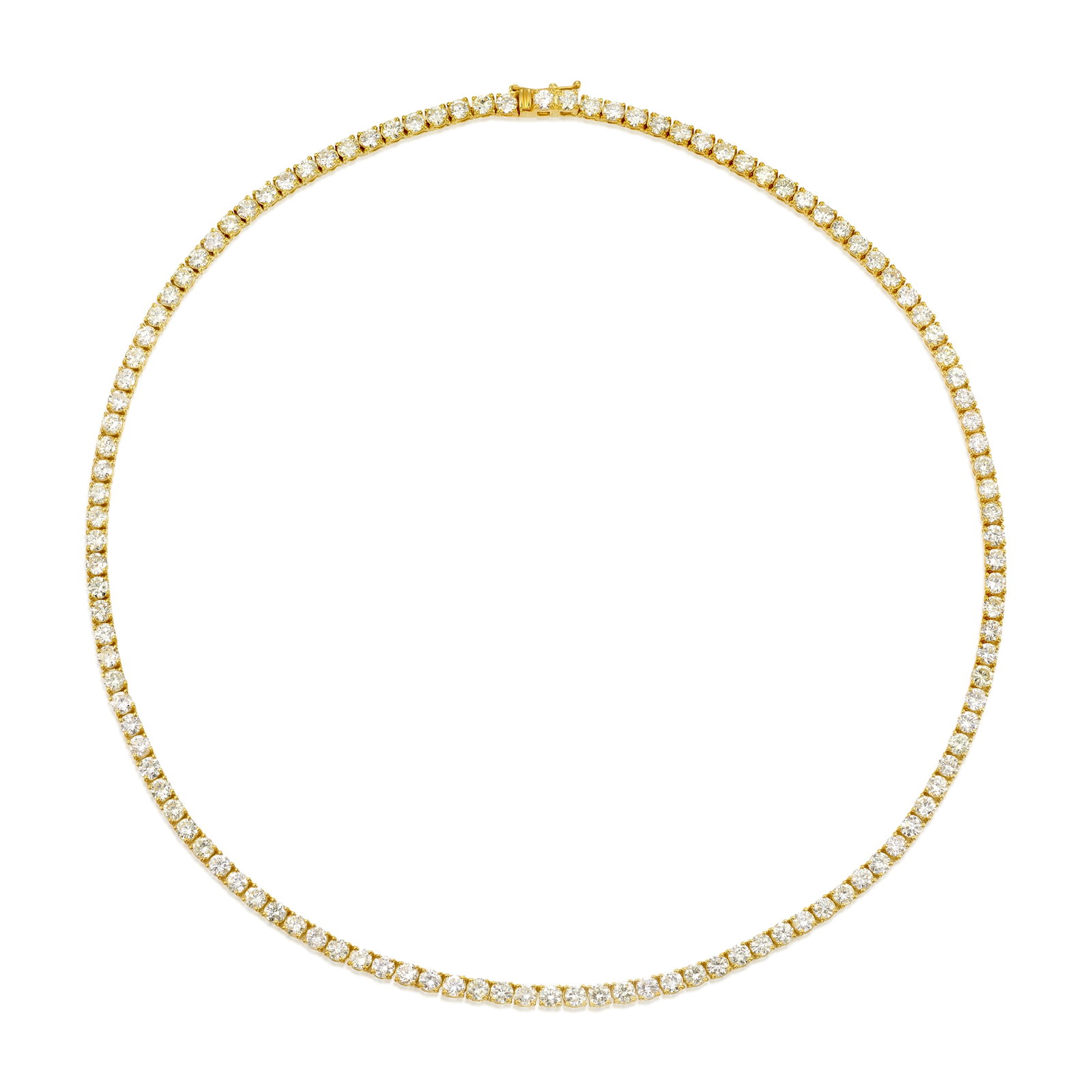 A 14K GOLD AND DIAMOND NECKLACE: A 14K GOLD AND DIAMOND NECKLACE A line necklace comprising round brilliant-cut diamonds; estimated total diamond weight 12.95 carats; length 16 1/2 in. Footnotes: OVERALL CONDITION: Metal stamped and 