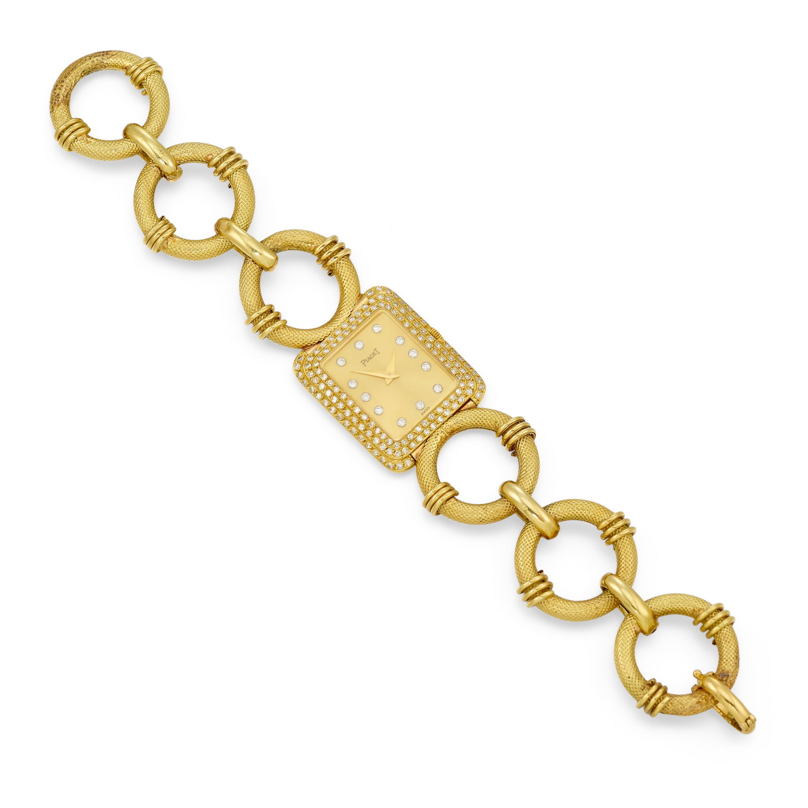 PIAGET: A DIAMOND WATCHFACE, WITH BRACELET: PIAGET: A DIAMOND WATCHFACE, WITH BRACELET Designed with quartz movement, the rectangular diamond signed 'Piaget' with round brilliant-cut diamond hour markers, the bezel further accented with single-