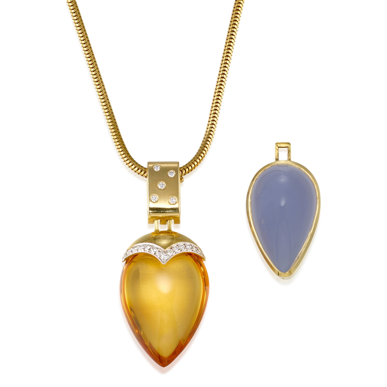 BARBARA WESTWOOD: A SET OF 18K GOLD, GEM-SET AND DIAMOND PENDANTS, WITH A 14K GOLD NECKLACE: BARBARA WESTWOOD: A SET OF 18K GOLD, GEM-SET AND DIAMOND PENDANTS, WITH A 14K GOLD NECKLACE The interchangeable 18k gold pendants set with oval-shaped citrine and chalcedony, with round brilliant-cut 