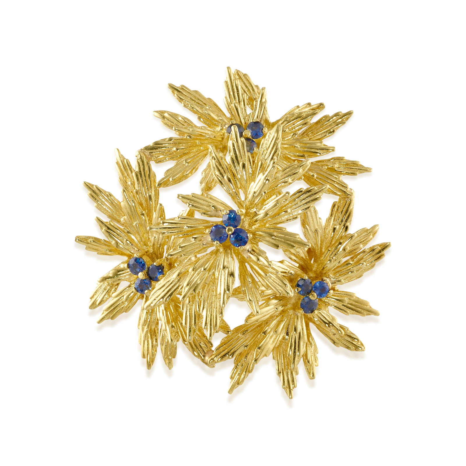 TIFFANY & CO.: AN 18K GOLD AND SAPPHIRE BROOCH: TIFFANY & CO.: AN 18K GOLD AND SAPPHIRE BROOCH Of foliate design, accented by trios of round sapphires; signed Tiffany & Co.; measures 1 11/16 in. Footnotes: OVERALL CONDITION: Metal stamped and teste