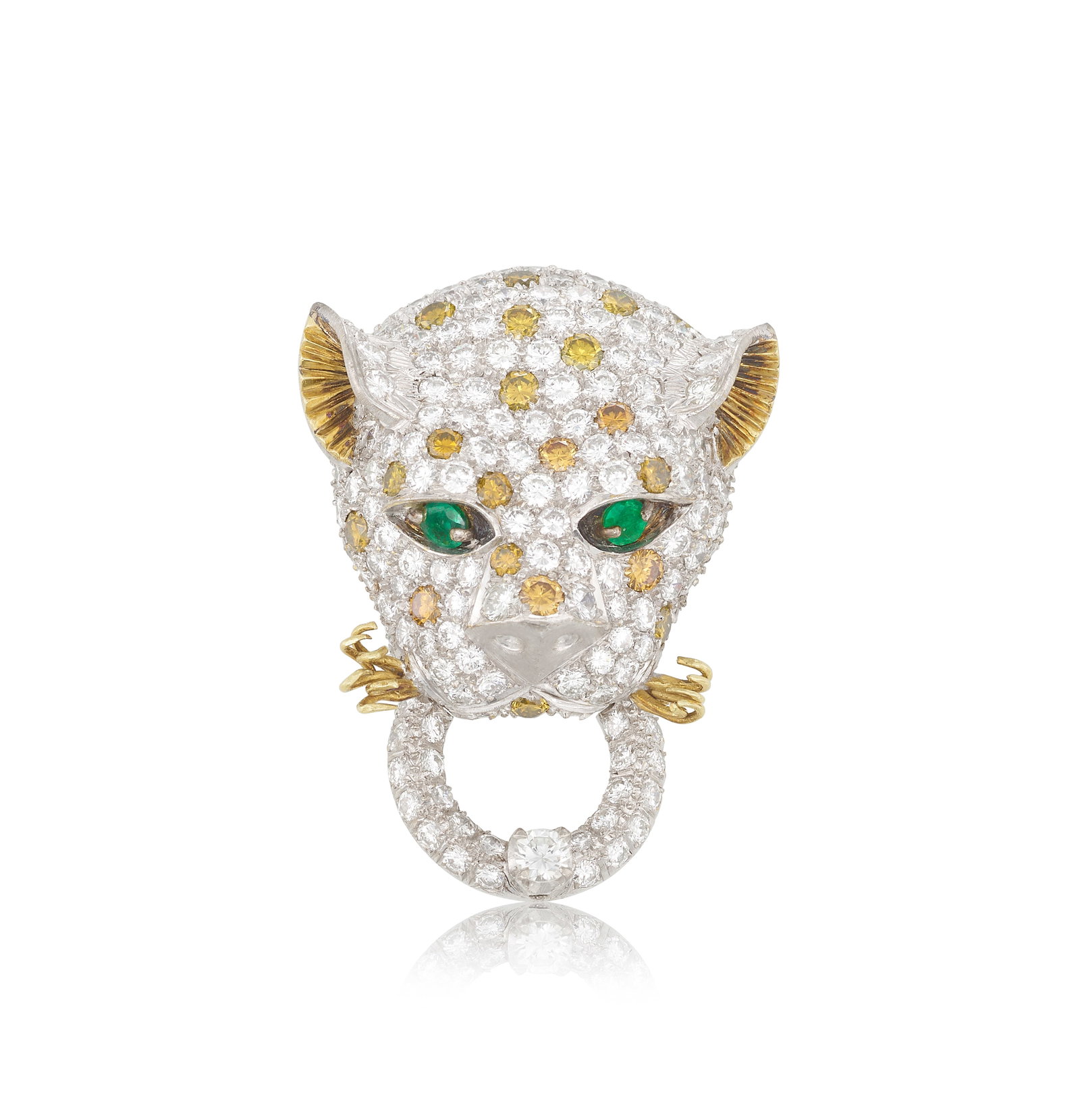 A COLORED DIAMOND, DIAMOND AND EMERALD BROOCH (1 of 1)