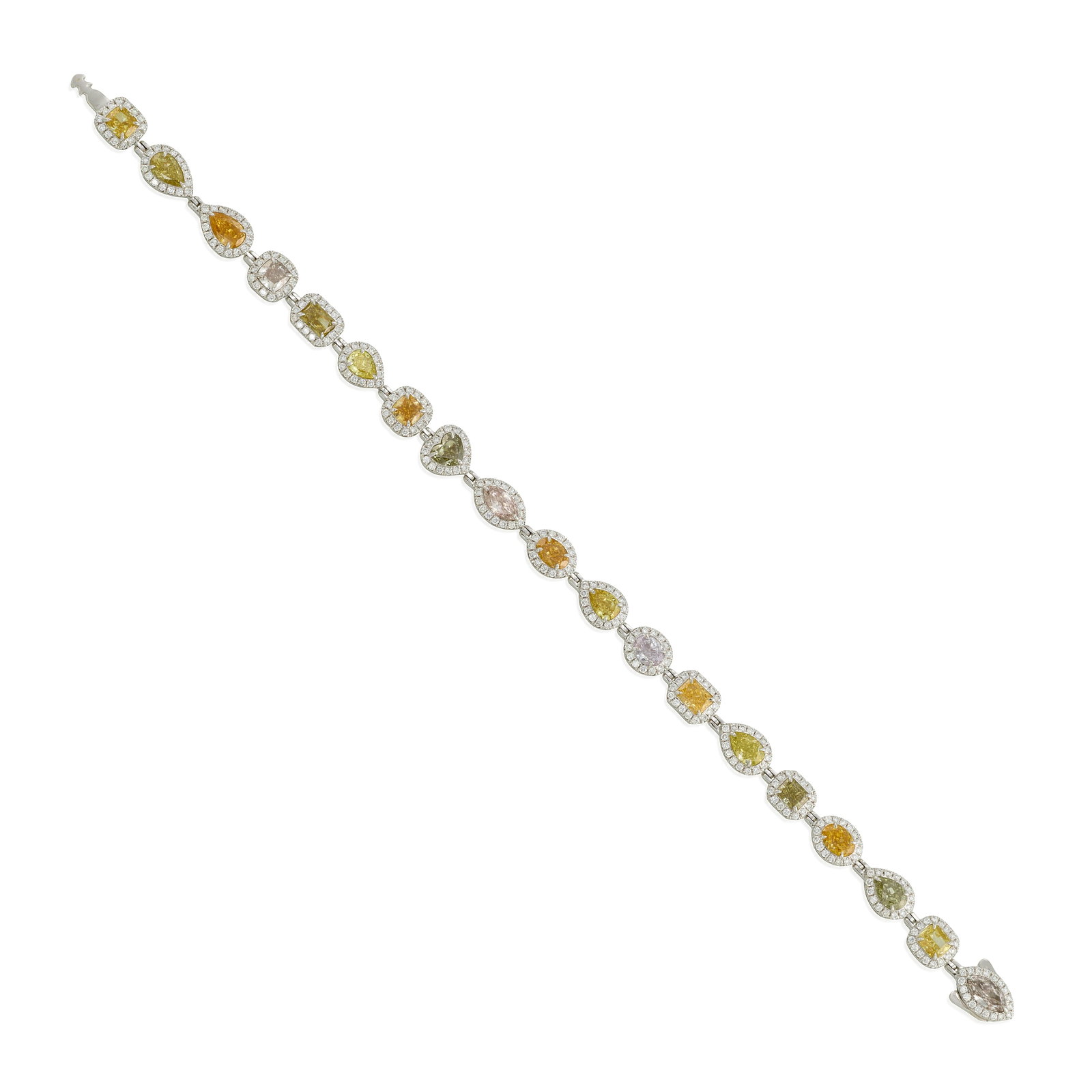 A COLORED DIAMOND AND DIAMOND BRACELET: A COLORED DIAMOND AND DIAMOND BRACELET Designed as a row of variously shaped colored diamonds, each surrounded by round brilliant-cut diamonds; estimated total colored diamond weight 5.80 carats; esti