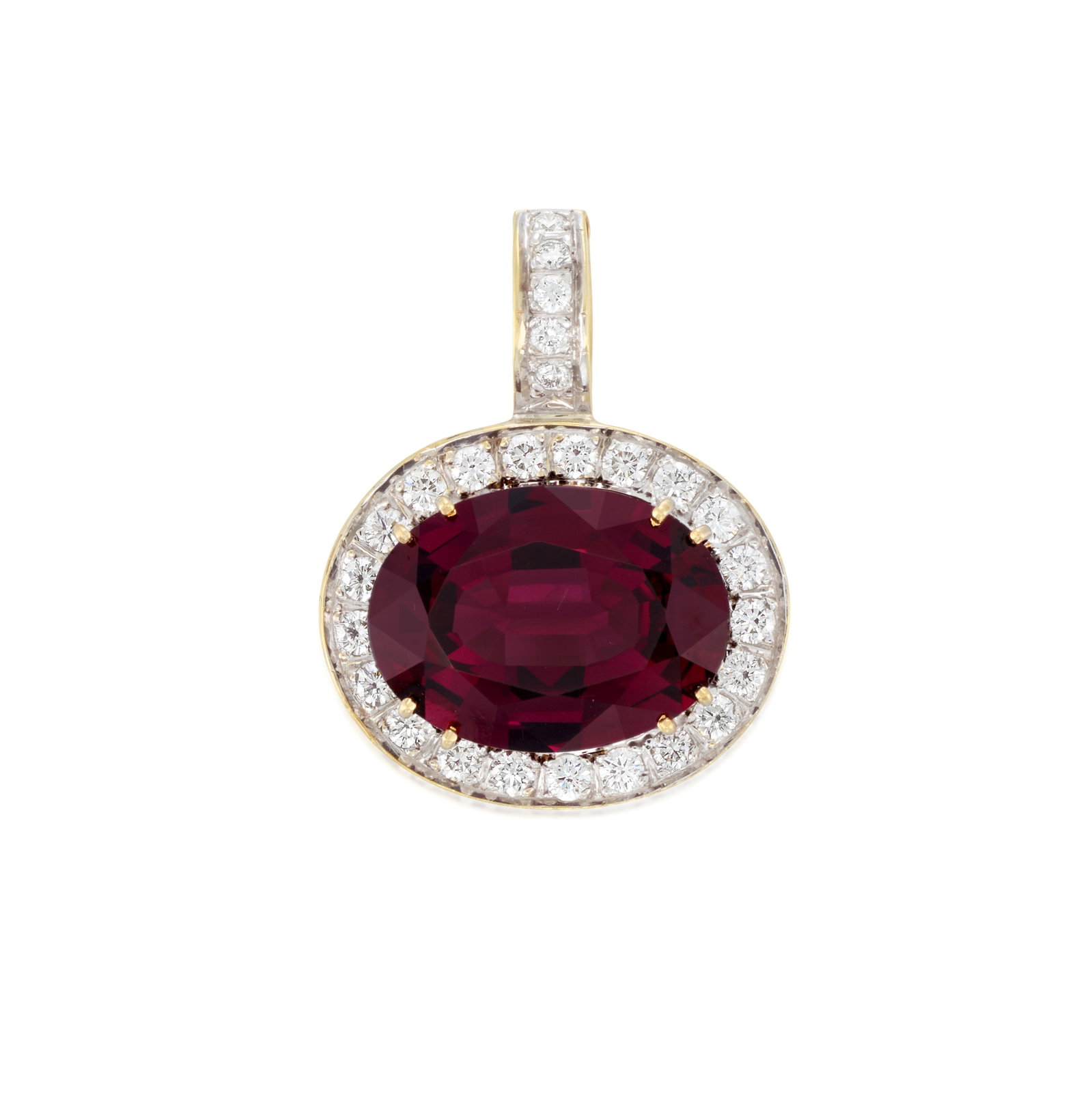 A RHODOLITE GARNET AND DIAMOND PENDANT: A RHODOLITE GARNET AND DIAMOND PENDANT Centering an oval-shaped rhodolite garnet, surrounded by round brilliant-cut diamonds; estimated rhodolite garnet weight 16.40 carats; estimated total diamond we