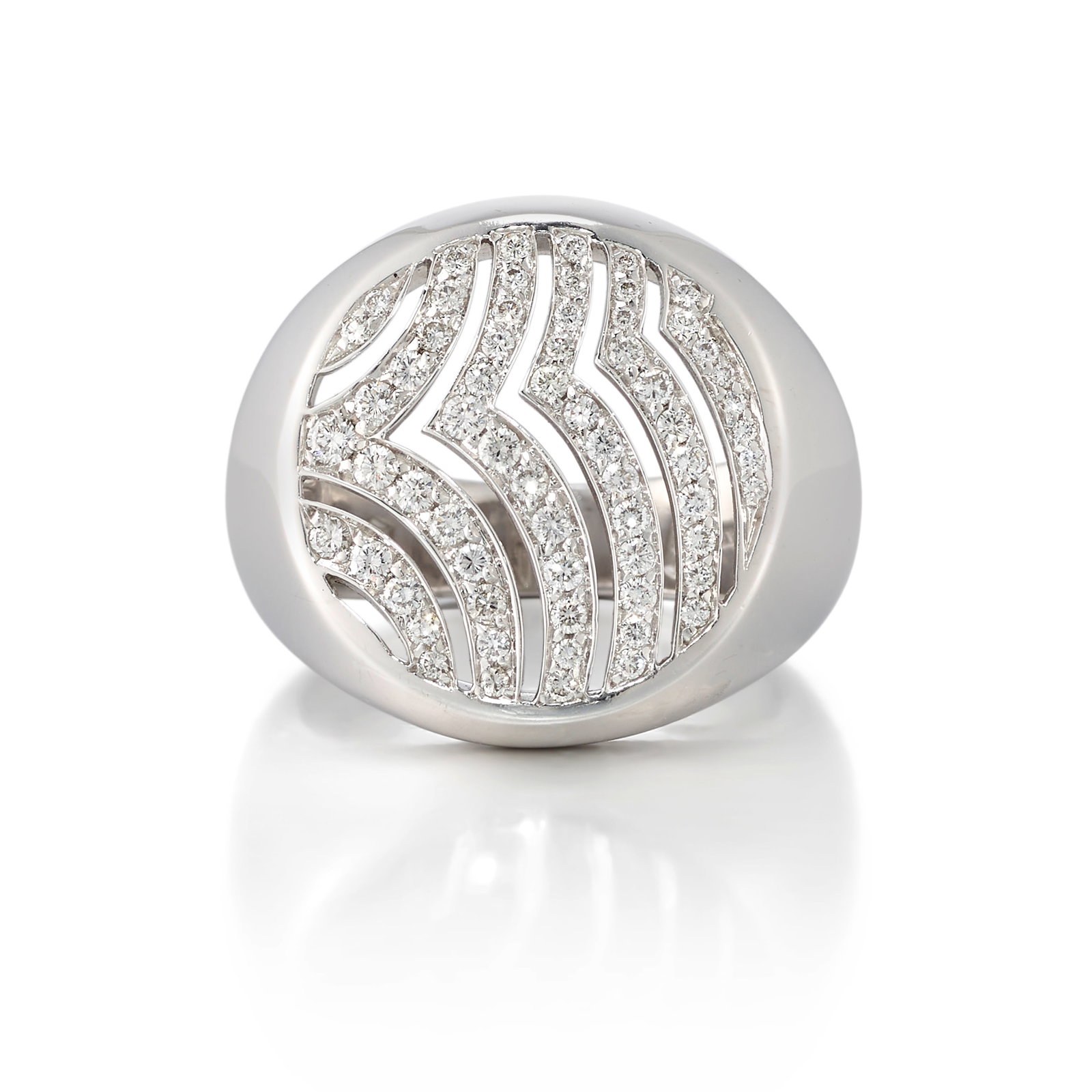 GARRARD: AN 18K WHITE GOLD AND DIAMOND RING: GARRARD: AN 18K WHITE GOLD AND DIAMOND RING Of openwork design, accented with round brilliant-cut diamonds; signed Garrard; with maker's mark; with English hallmarks; with Italian registered trademark