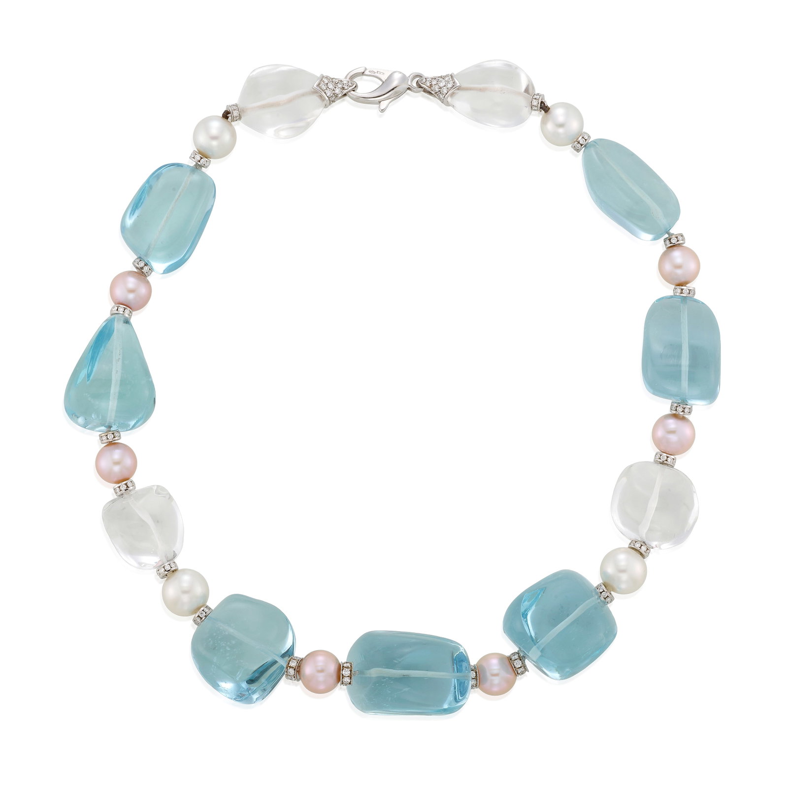 BULGARI: AN 18K WHITE GOLD, GEM-SET AND DIAMOND NECKLACE, ITALY: BULGARI: AN 18K WHITE GOLD, GEM-SET AND DIAMOND NECKLACE, ITALY Composed of alternating free-formed rock crystal and aquamarine beads, interspersed with round brilliant-cut diamond-set spacers and cul