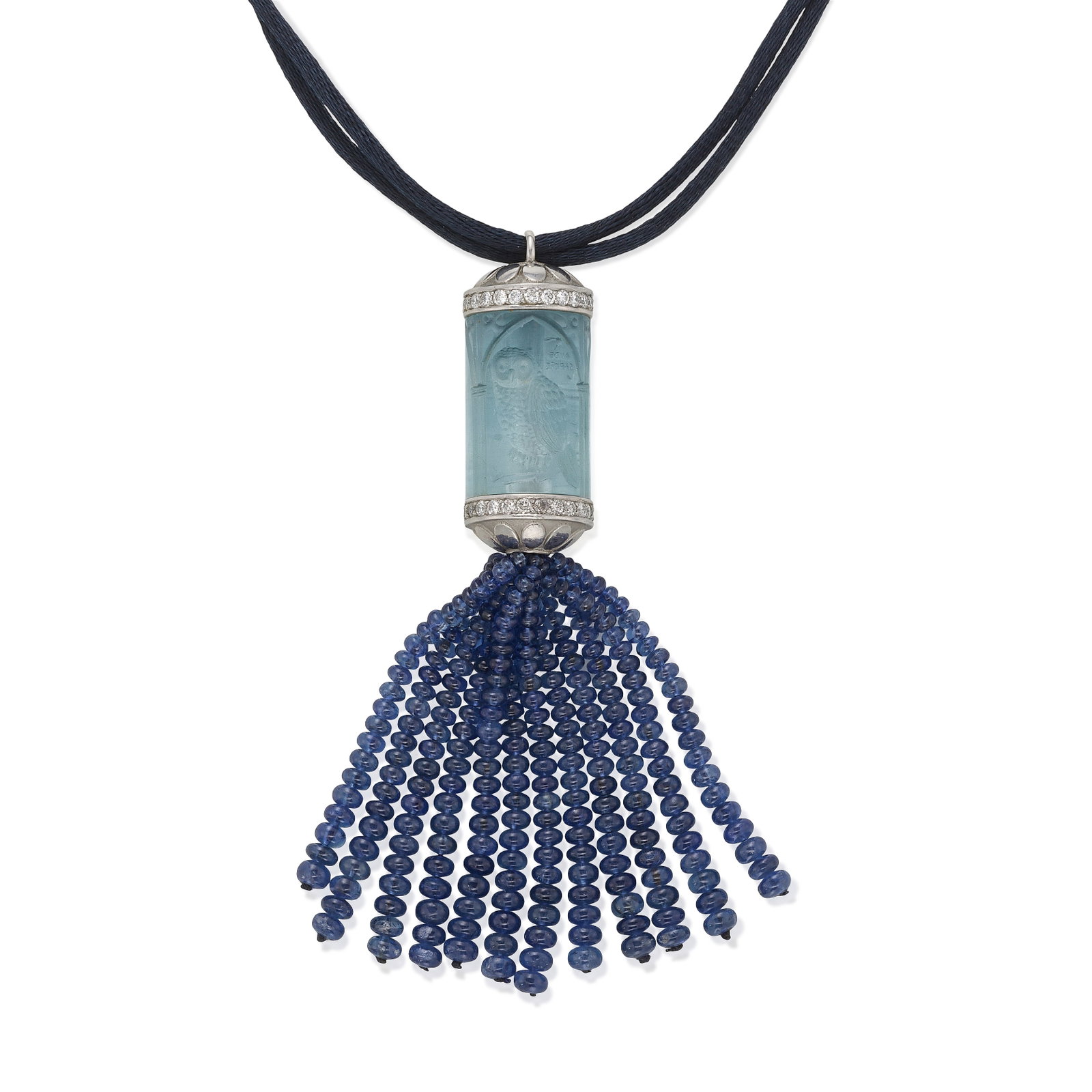 AN AQUAMARINE, SAPPHIRE AND DIAMOND NECKLACE: AN AQUAMARINE, SAPPHIRE AND DIAMOND NECKLACE Centering an aquamarine cylinder seal of owl motif, suspending a tassel of sapphire rondelle beads, to a silk cord; estimated total diamond weight 1.30 car