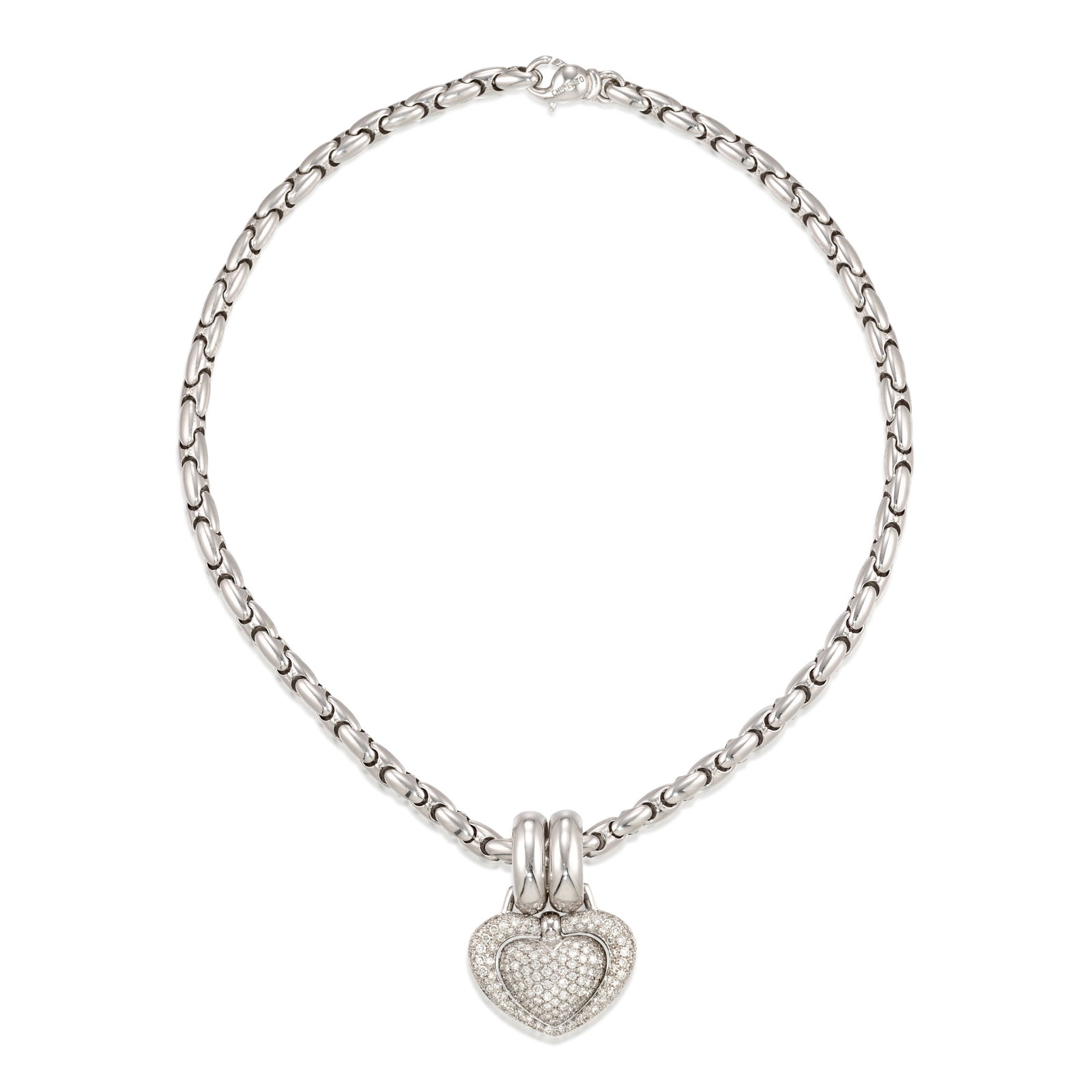 CHIMENTO: AN 18K WHTIE GOLD AND DIAMOND PENDANT NECKLACE: CHIMENTO: AN 18K WHTIE GOLD AND DIAMOND PENDANT NECKLACE The pendant designed as a swinging heart in a larger frame, both pavé-set with round brilliant-cut diamonds, suspended from a fancy link c