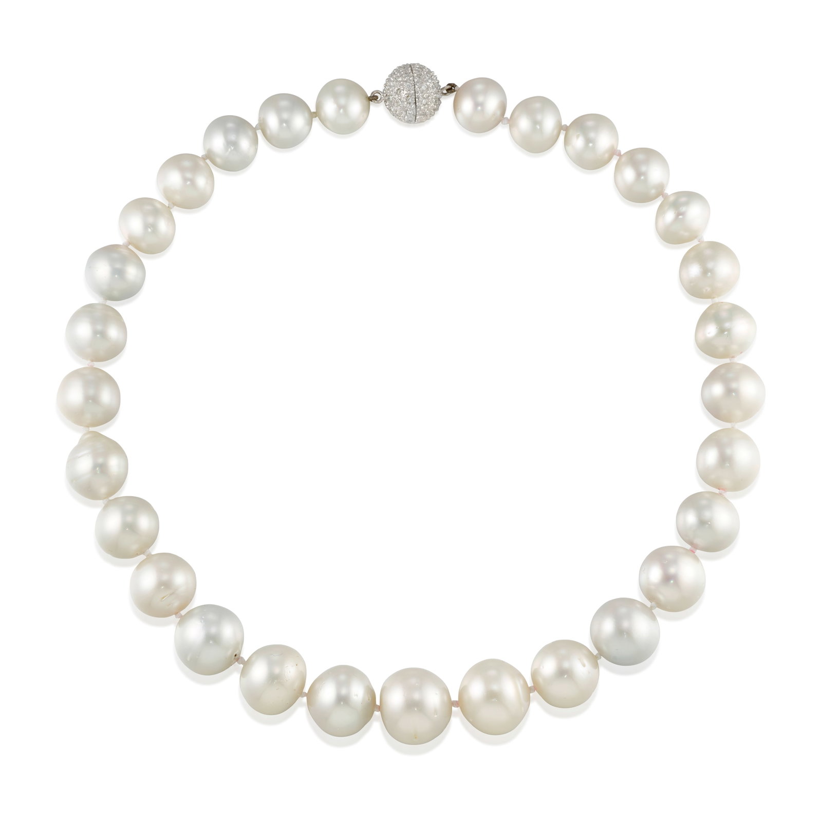 AN 18K WHITE GOLD, CULTURED PEARL AND DIAMOND NECKLACE: AN 18K WHITE GOLD, CULTURED PEARL AND DIAMOND NECKLACE A strand of graduated, near-round to round cultured pearls, completed by a ball clasp accented with pavé-set, round brilliant-cut diamonds; 