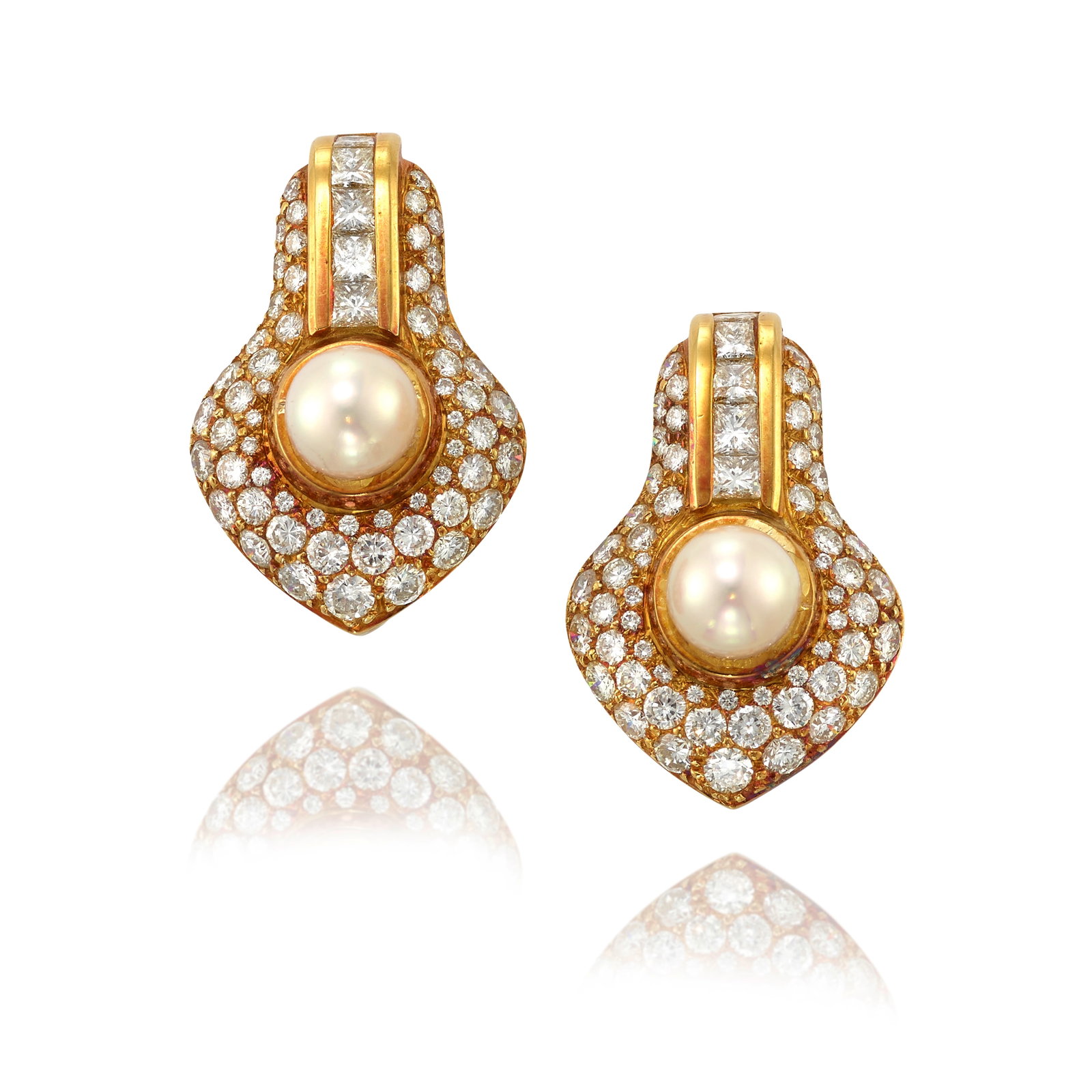 SLANE & SLANE: A PAIR OF 18K GOLD, CULTURED PEARL AND DIAMOND EARRINGS: SLANE & SLANE: A PAIR OF 18K GOLD, CULTURED PEARL AND DIAMOND EARRINGS Each comprising round cultured pearls, in mountings pavé-set with round brilliant and square mixed-cut diamonds; with maker'
