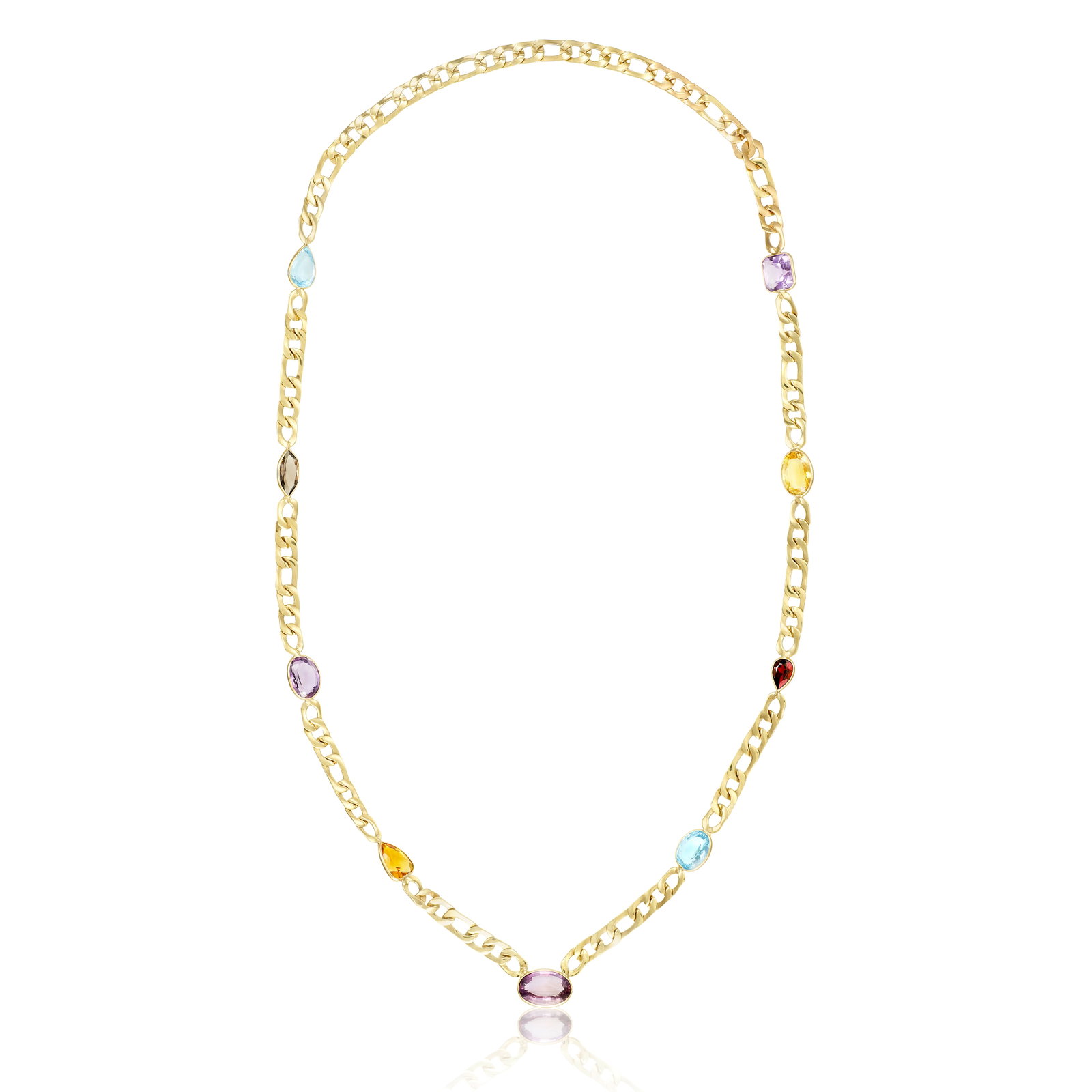 A 14K GOLD AND GEM-SET NECKLACE, ITALY: A 14K GOLD AND GEM-SET NECKLACE, ITALY A longchain, alternating stations of variously shaped amethyst, citrine, garnet, smoky quartz and topaz; Italy; length 35 in. Footnotes: OVERALL CONDITION: