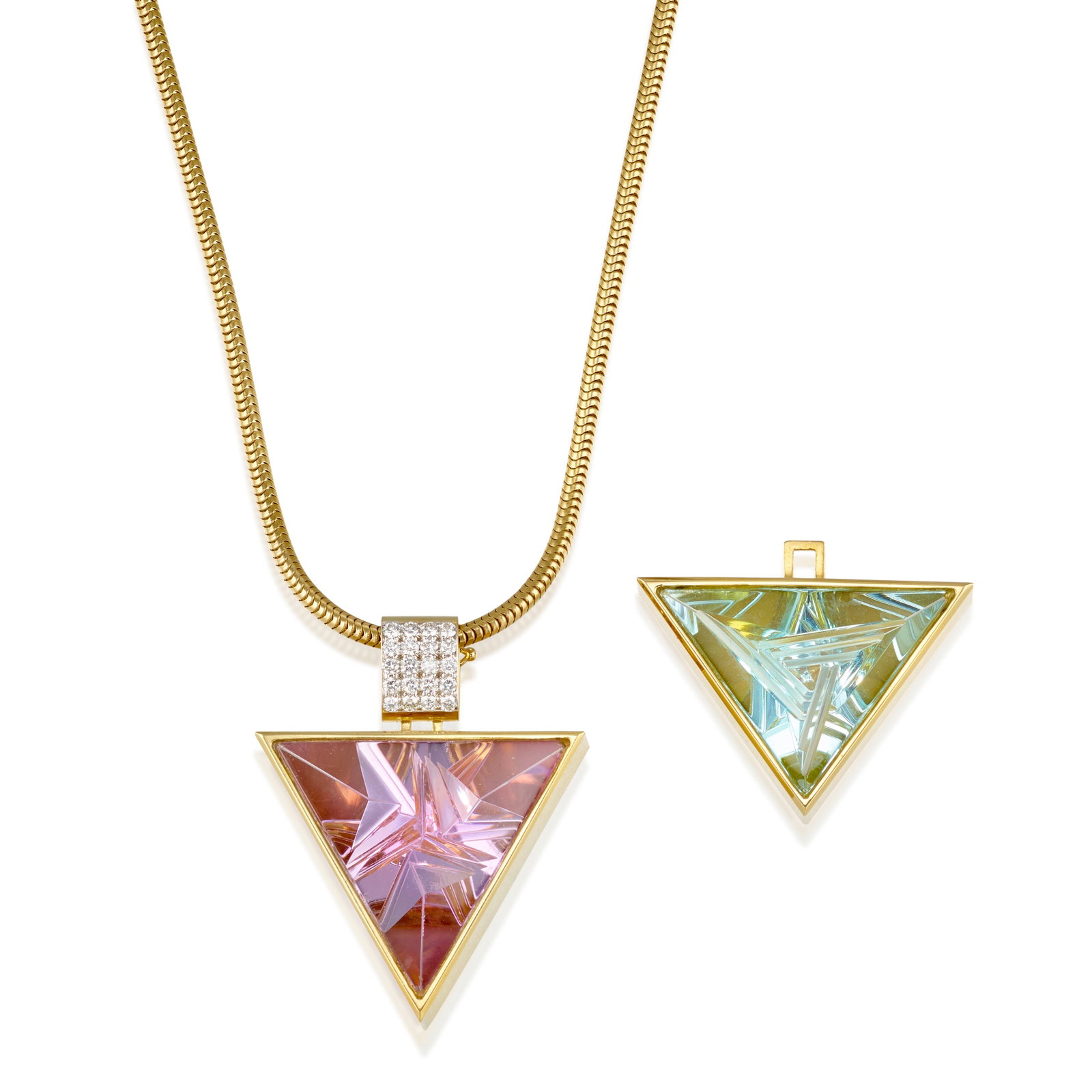 BARBARA WESTWOOD: A SET OF 18K GOLD, DIAMOND AND GEM-SET INTERCHANGEABLE PENDANTS, WITH A 14K GO...: BARBARA WESTWOOD: A SET OF 18K GOLD, DIAMOND AND GEM-SET INTERCHANGEABLE PENDANTS, WITH A 14K GOLD NECKLACE The pendants comprising triangular, fantasy-cut amethyst and aquamarine, the bail accented