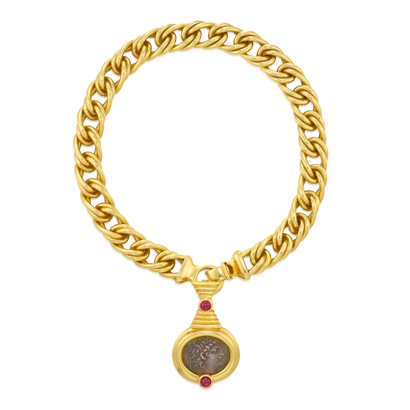 AN 18K GOLD, SILVER COIN AND GEM-SET ENHANCER PENDANT, WITH AN 18K GOLD NECKLACE: AN 18K GOLD, SILVER COIN AND GEM-SET ENHANCER PENDANT, WITH AN 18K GOLD NECKLACE The pendant featuring a 'Kings of Seleucus,' Philip I, silver tetradrachm, circa 95-75 BCE, accented with round cabocho