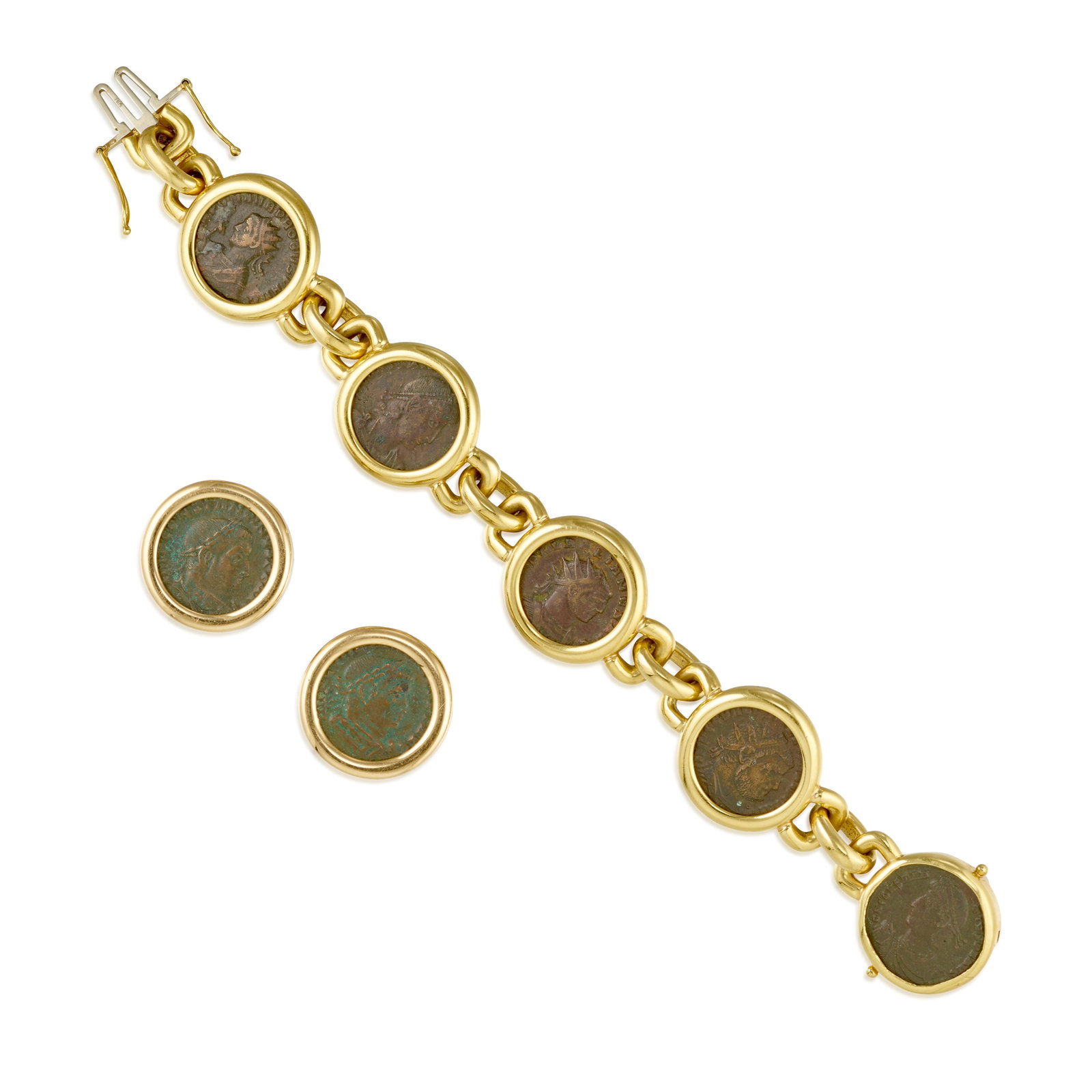 A GOLD AND COIN BRACELET AND EARCLIP SET: A GOLD AND COIN BRACELET AND EARCLIP SET Comprising bronze coins, the bracelet fabricated in 18k gold and the earclips in 14k gold; bracelet length 7 3/4 in.; earclips measure 15/16 in. Footnotes: OVE