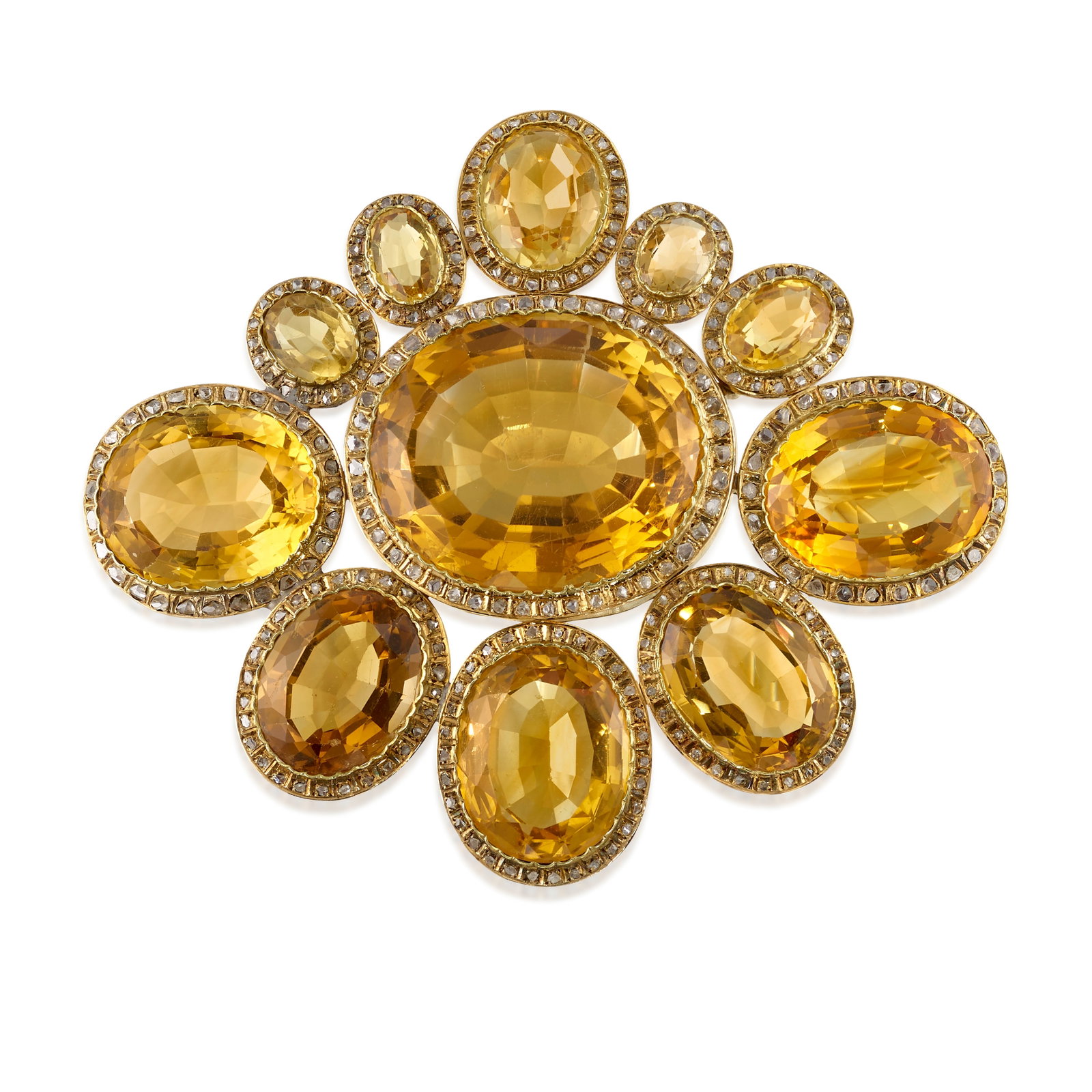 A CITRINE AND DIAMOND PENDANT/BROOCH, CIRCA 1850: A CITRINE AND DIAMOND PENDANT/BROOCH, CIRCA 1850 Of cluster design, comprising oval-shaped citrines in surrounds of diamond slices; estimated total citrine weight 190.25 carats; mounted in 6k gold; me