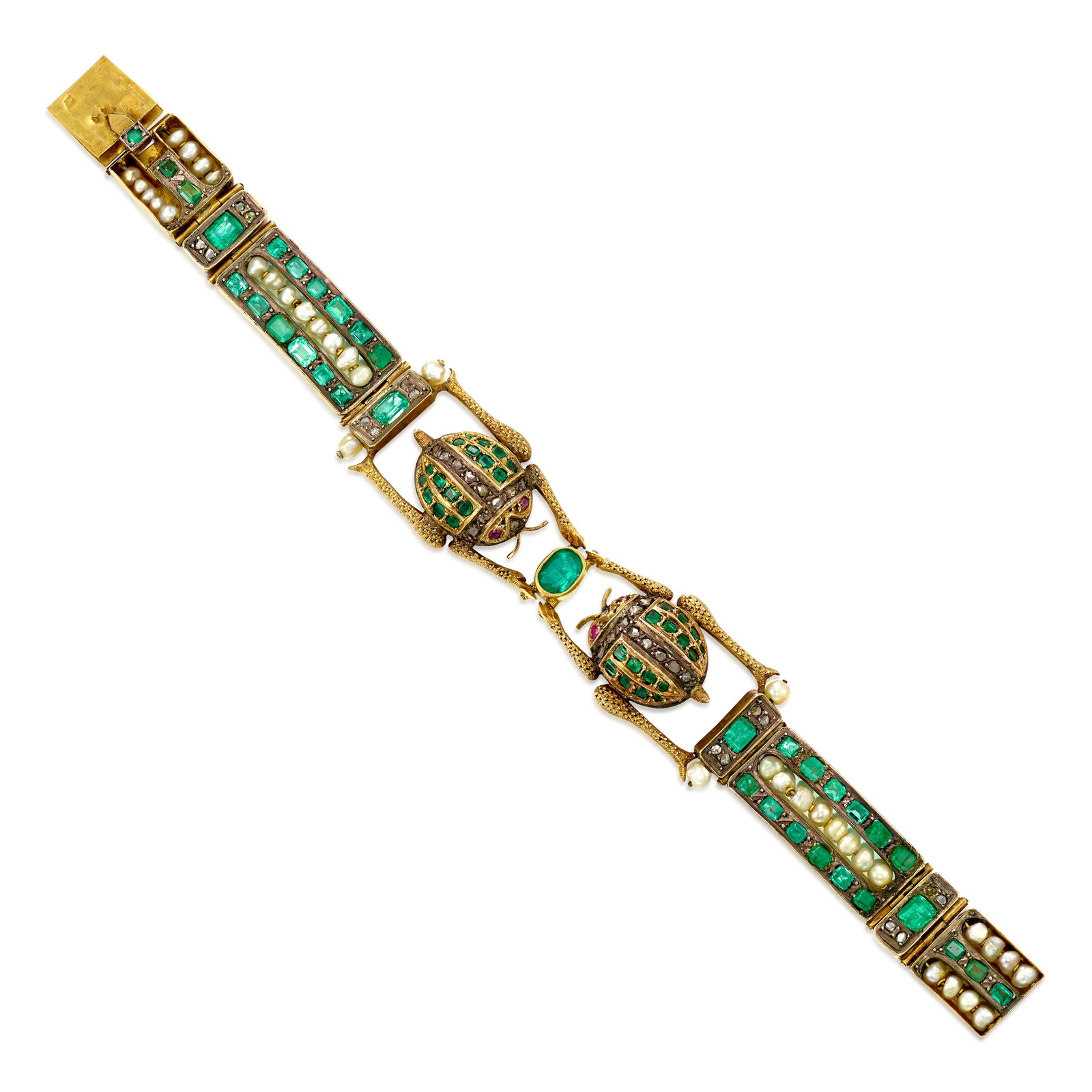 AN 18K GOLD, SILVER-TOPPED GOLD, DIAMOND AND GEM-SET BRACELET, CIRCA 1880: AN 18K GOLD, SILVER-TOPPED GOLD, DIAMOND AND GEM-SET BRACELET, CIRCA 1880 Designed as a strap bracelet centering two beetles clasping an oval-shaped emerald, accented across with oval-shaped rubies, d