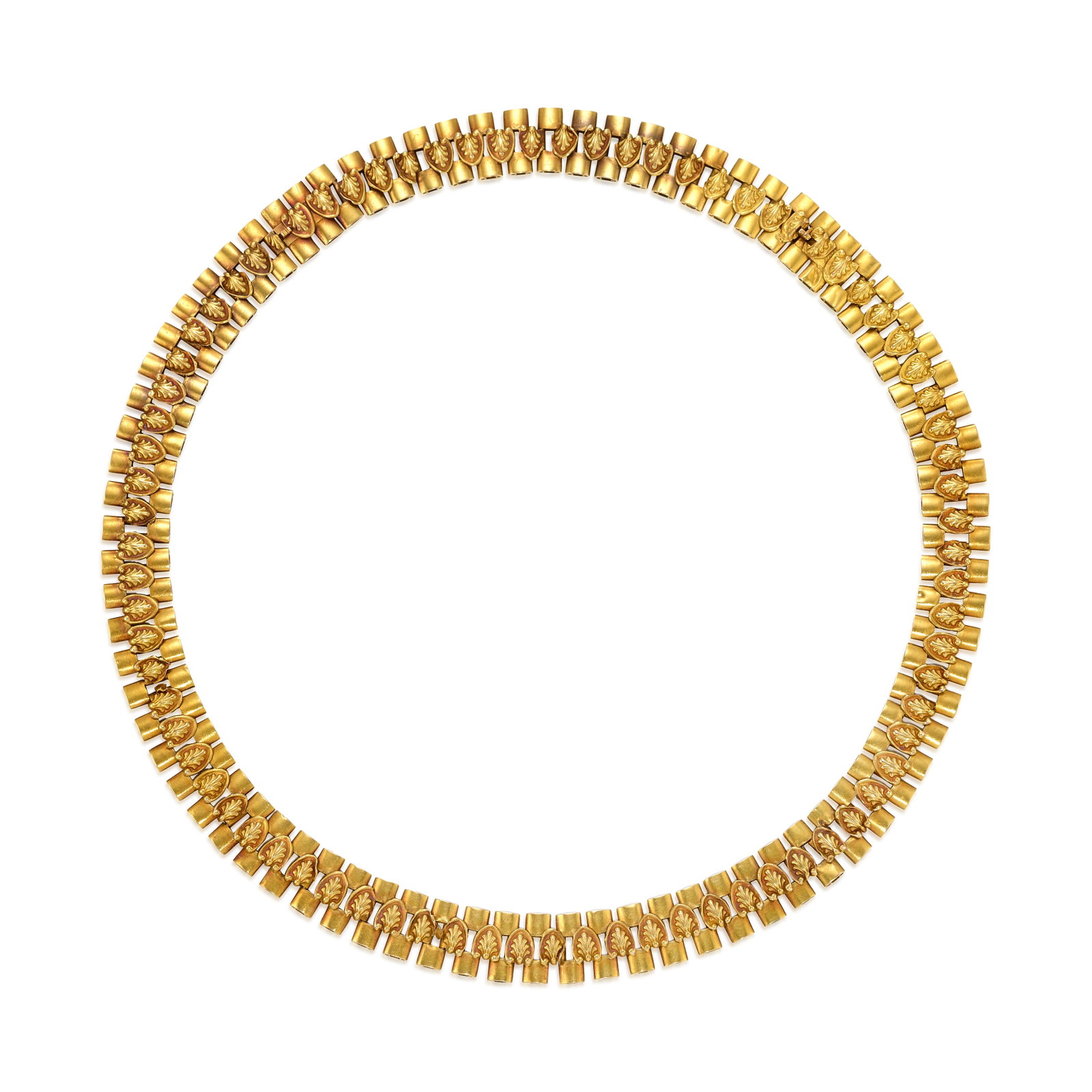 A GOLD NECKLACE, CIRCA 1880: A GOLD NECKLACE, CIRCA 1880 A linked collar repeating a foliate motif; fabricated in 18k gold; length 13 7/8 in., with 4 in. extender Footnotes: OVERALL CONDITION: Metal purity unstamped and tested wi