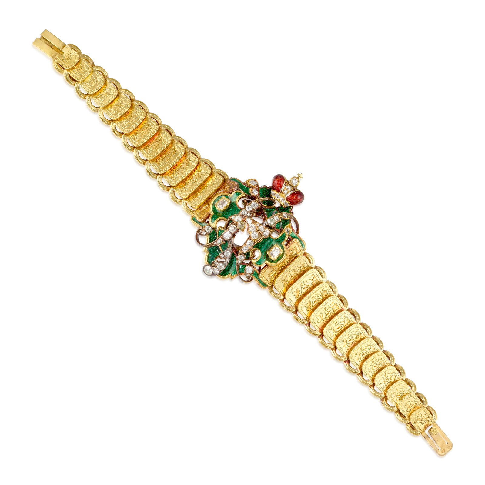 AN 18K GOLD, ENAMEL AND DIAMOND BRACELET, FRANCE, CIRCA 1880: AN 18K GOLD, ENAMEL AND DIAMOND BRACELET, FRANCE, CIRCA 1880 Of ornate design, centering the letter 'H' set with old mine and rose-cut diamonds, with scrolls of green enamel and a crown of red enamel 
