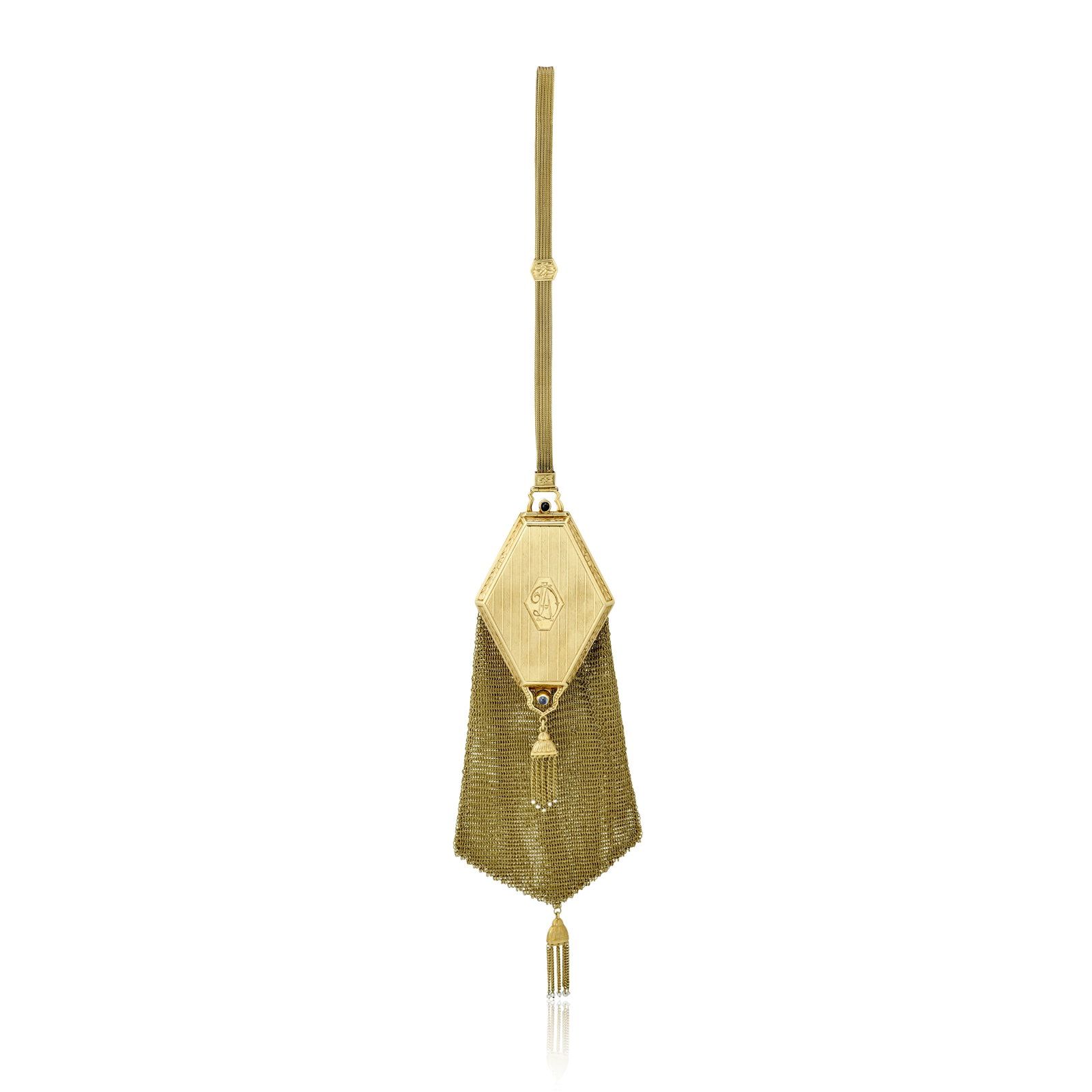 A 14K GREEN GOLD PURSE, CIRCA 1925: A 14K GREEN GOLD PURSE, CIRCA 1925 Composed of a mesh pouch with hexagonal cap, opens up to reveal a mirror, accented by seed pearls and round cabochon sapphires, and suspended from a woven strap; len