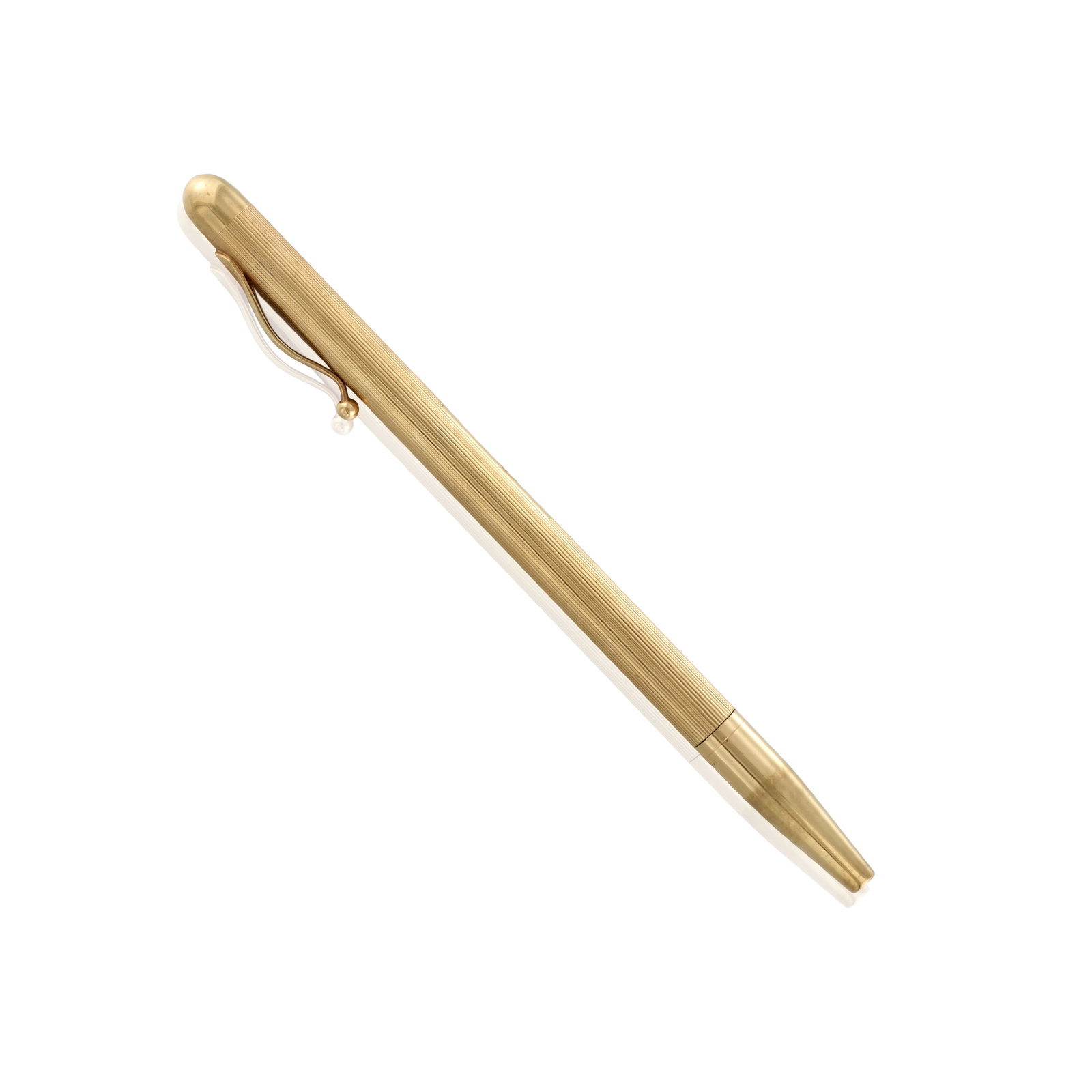 TIFFANY & CO.: A 14K GOLD PEN, CIRCA 1920: TIFFANY & CO.: A 14K GOLD PEN, CIRCA 1920 Of fluted design; signed Tiffany & Co.; length 5 1/2 in Footnotes: OVERALL CONDITION: Metal stamped and tested with XRF (X-ray fluorescence) for 14k gold; sup